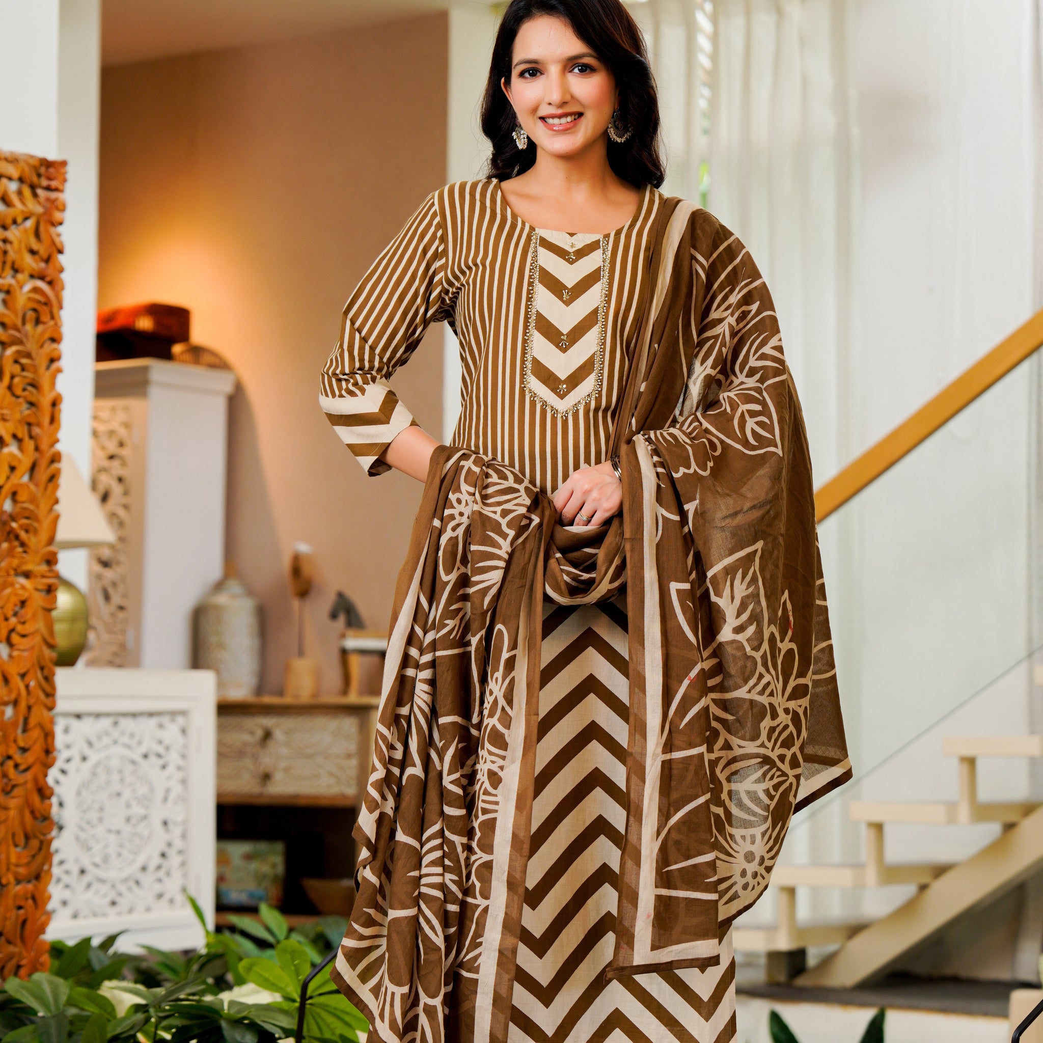 Elegant Brown Striped Kurta Set with Dupatta