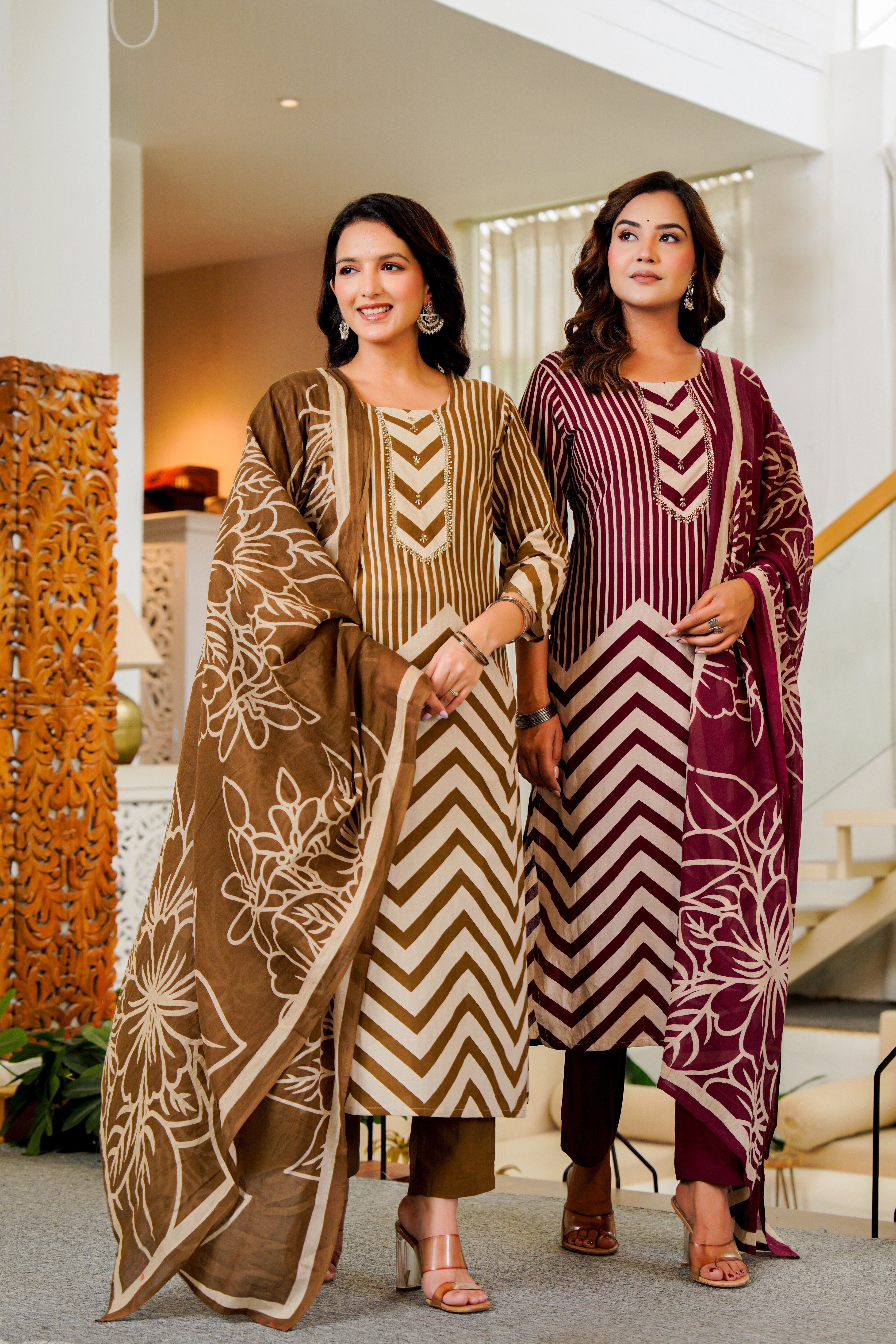 Elegant Brown Striped Kurta Set with Dupatta