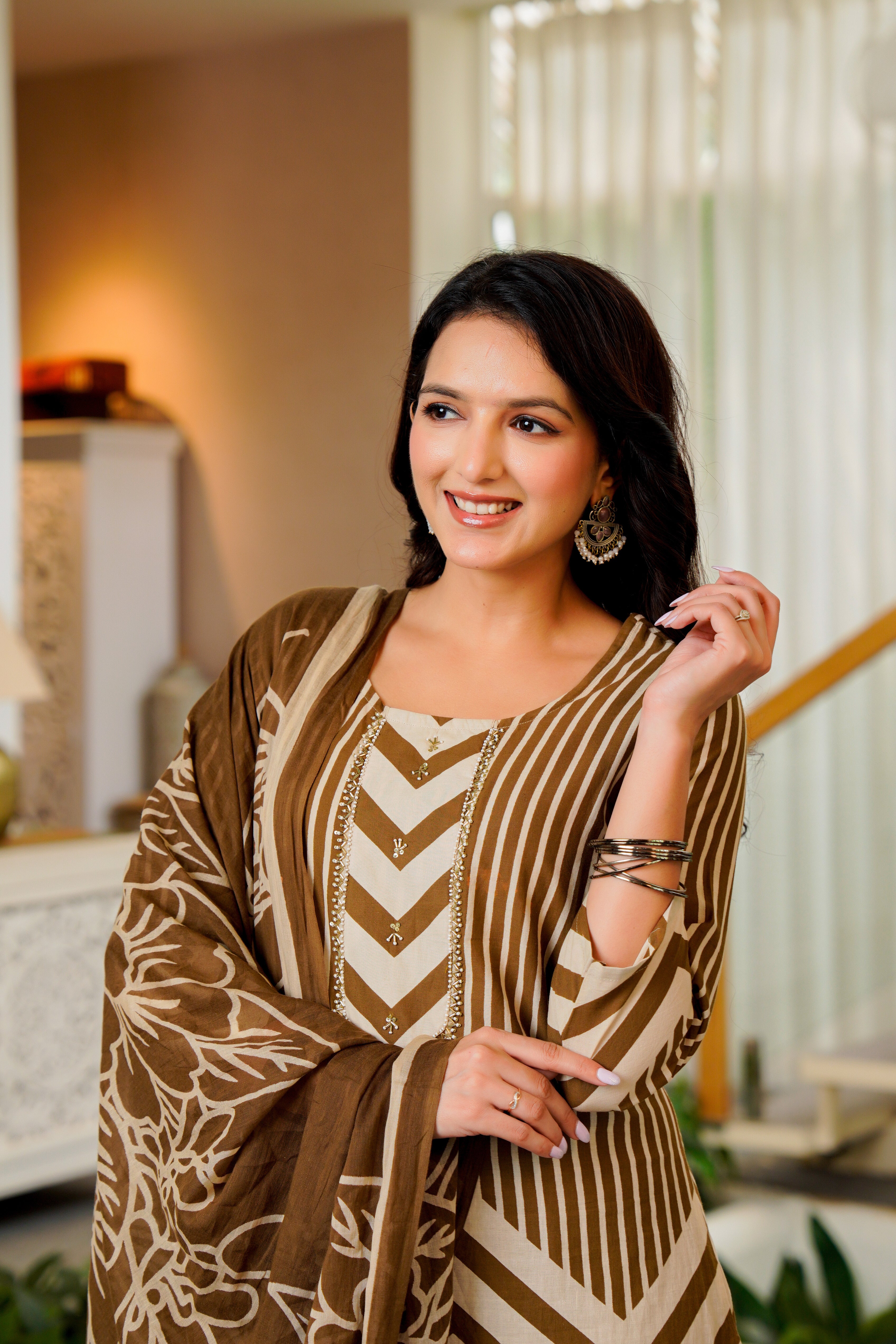 Elegant Brown Striped Kurta Set with Dupatta