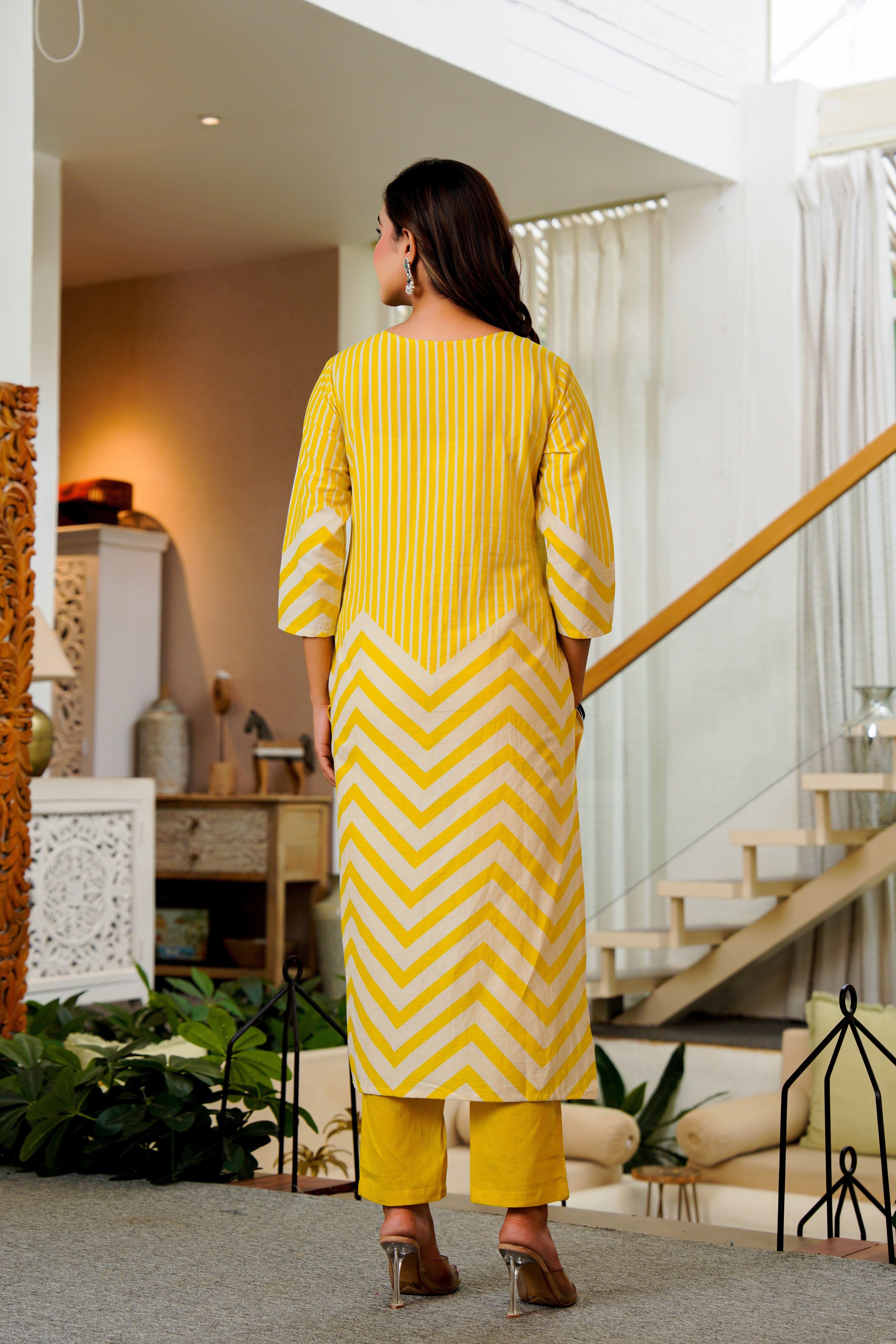 Radiant Yellow Chevron Kurta Set with Floral Dupatta