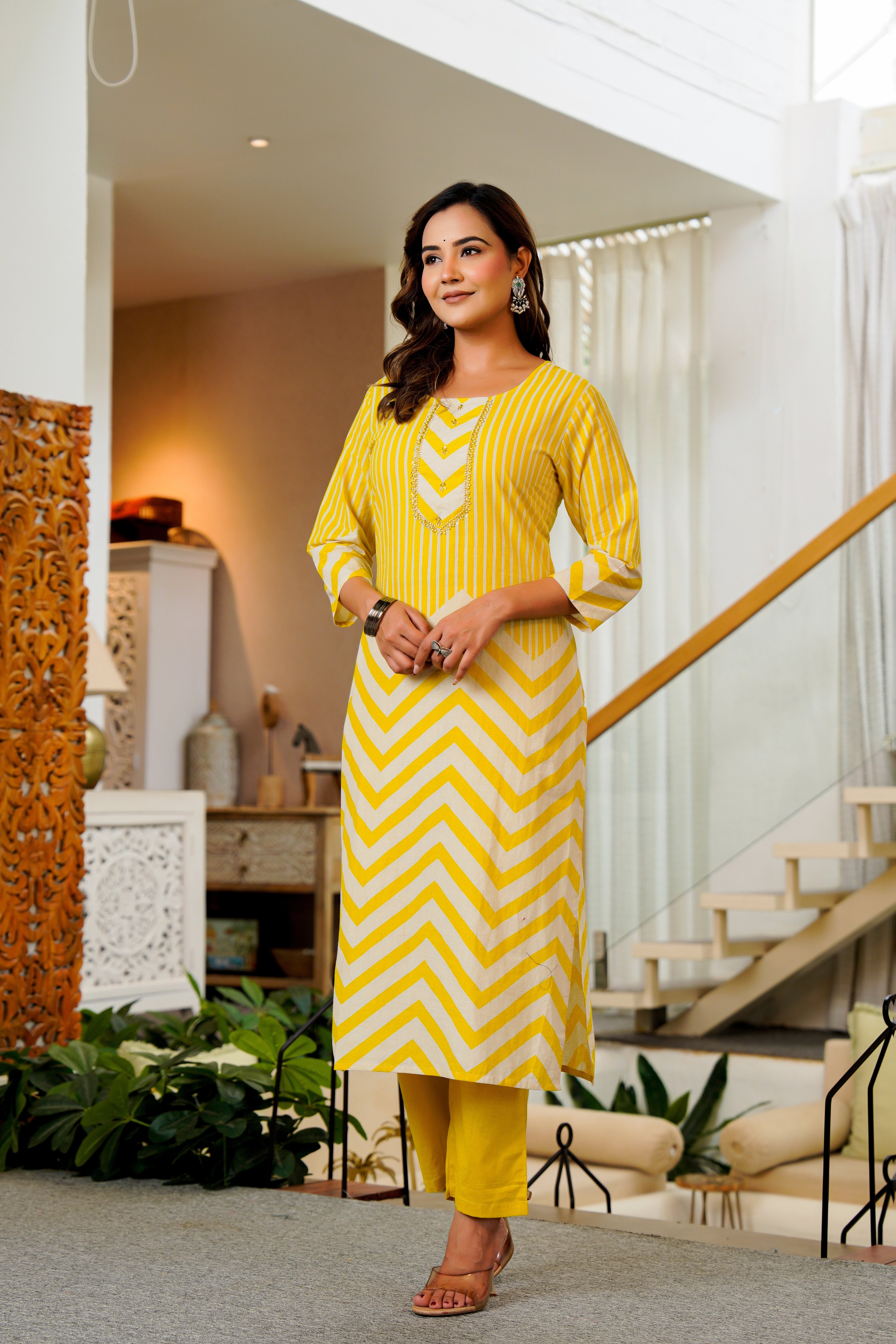 Radiant Yellow Chevron Kurta Set with Floral Dupatta