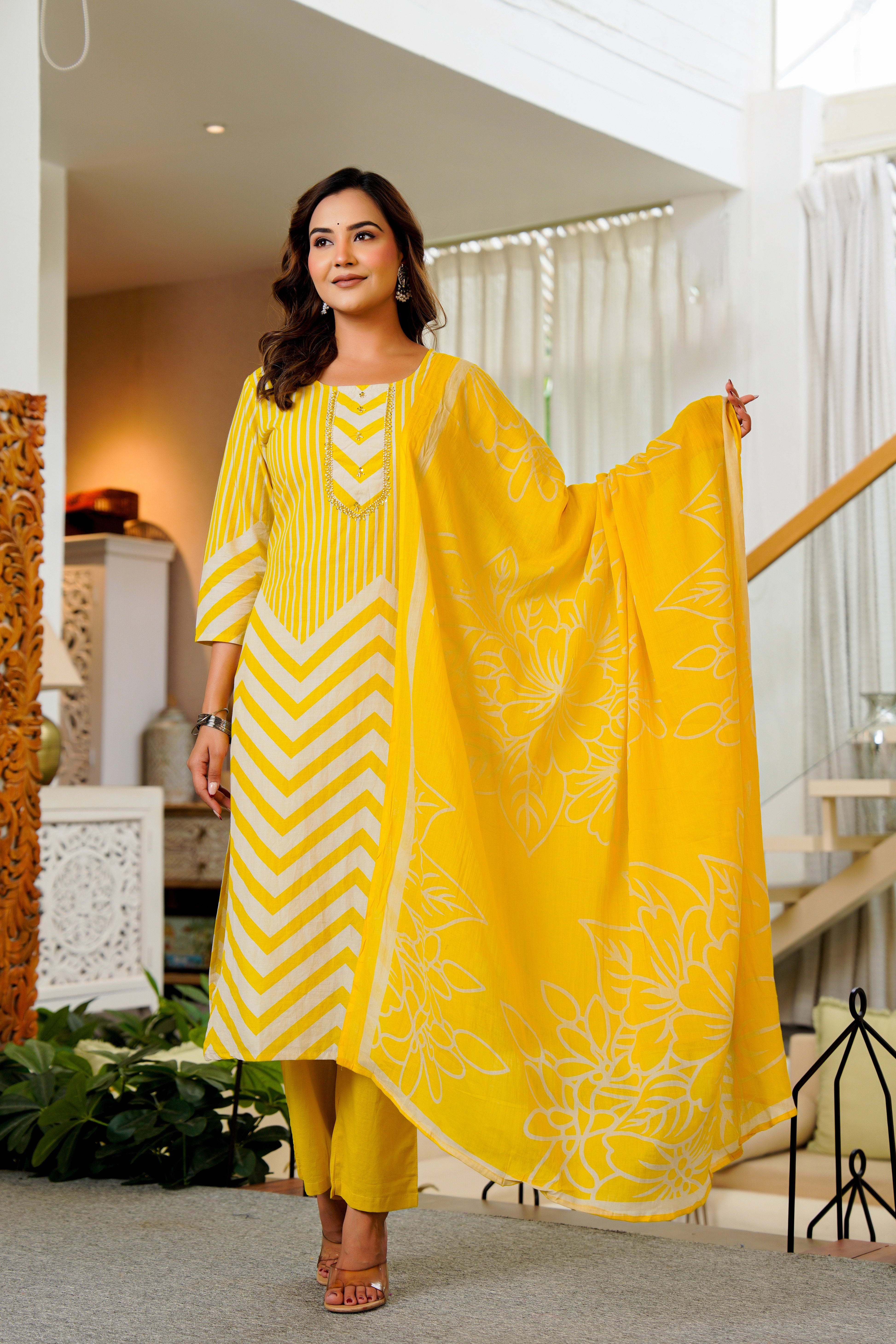 Radiant Yellow Chevron Kurta Set with Floral Dupatta