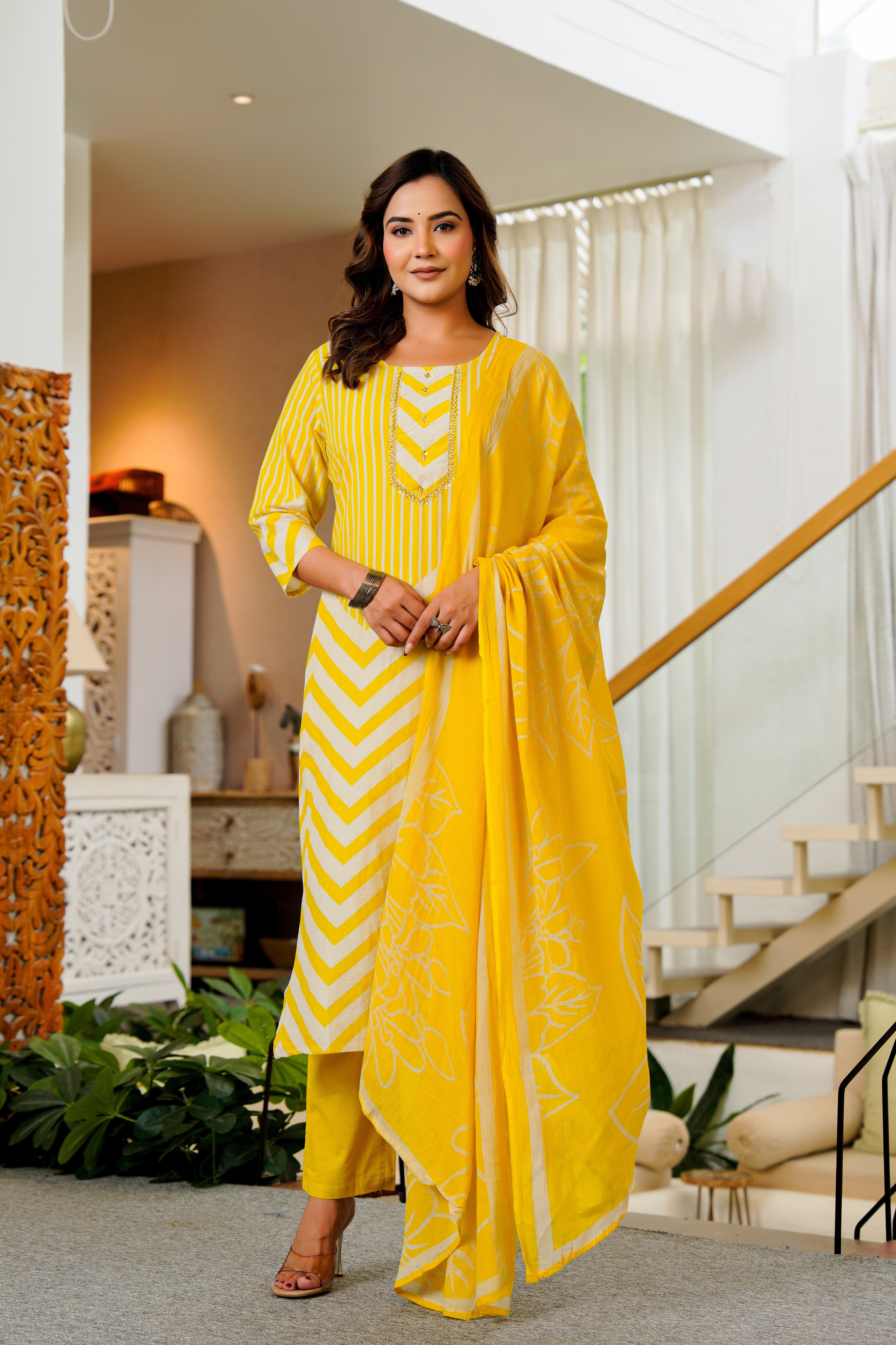 Radiant Yellow Chevron Kurta Set with Floral Dupatta