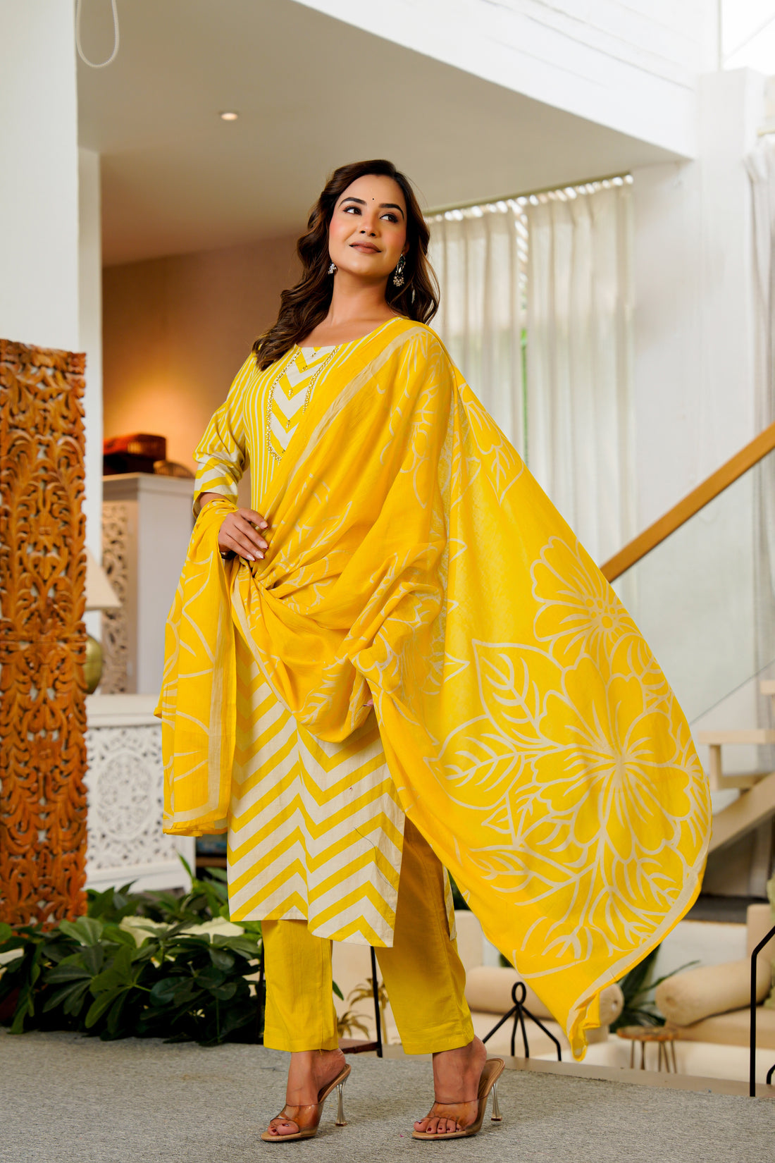 Radiant Yellow Chevron Kurta Set with Floral Dupatta