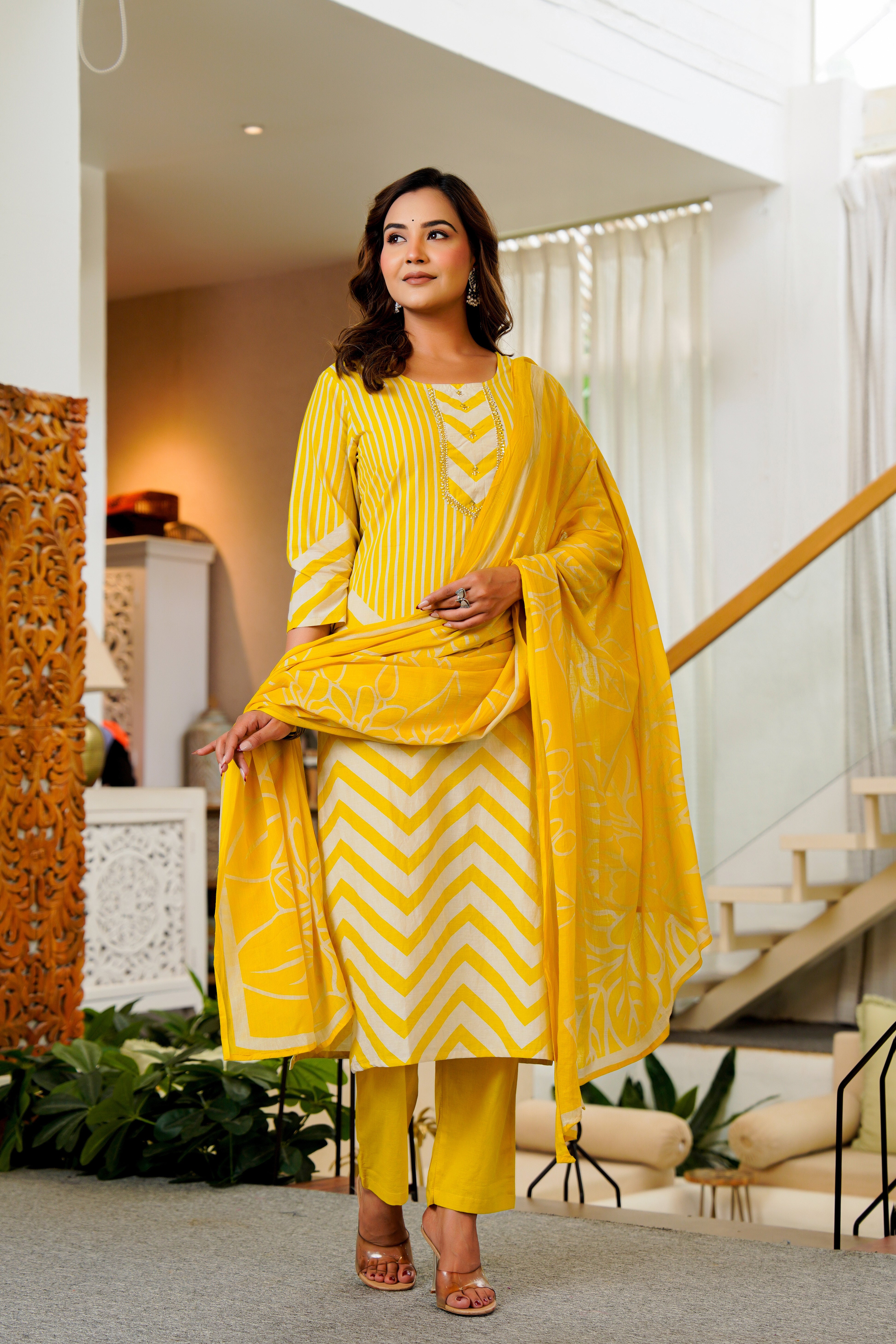 Radiant Yellow Chevron Kurta Set with Floral Dupatta