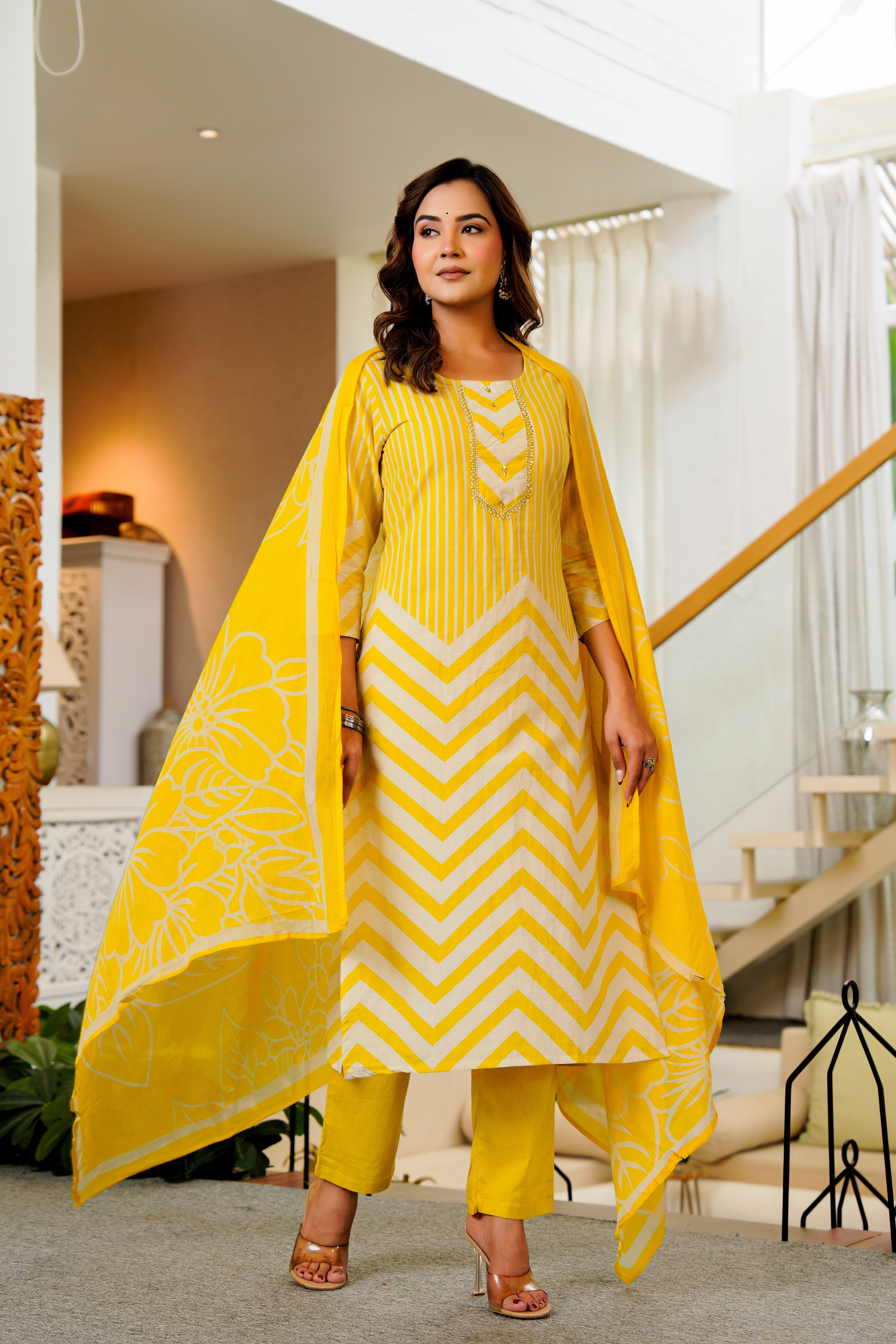 Radiant Yellow Chevron Kurta Set with Floral Dupatta