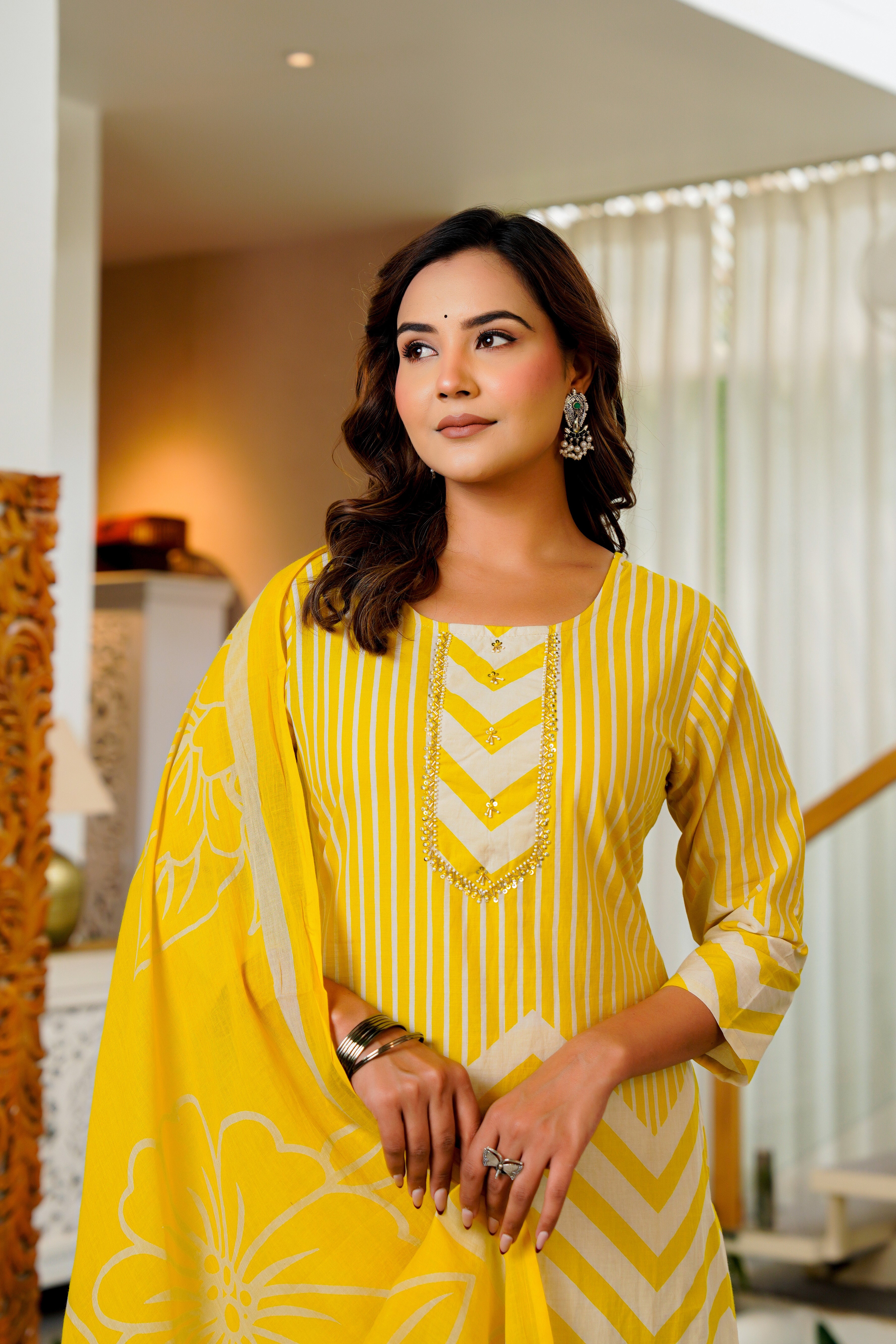 Radiant Yellow Chevron Kurta Set with Floral Dupatta