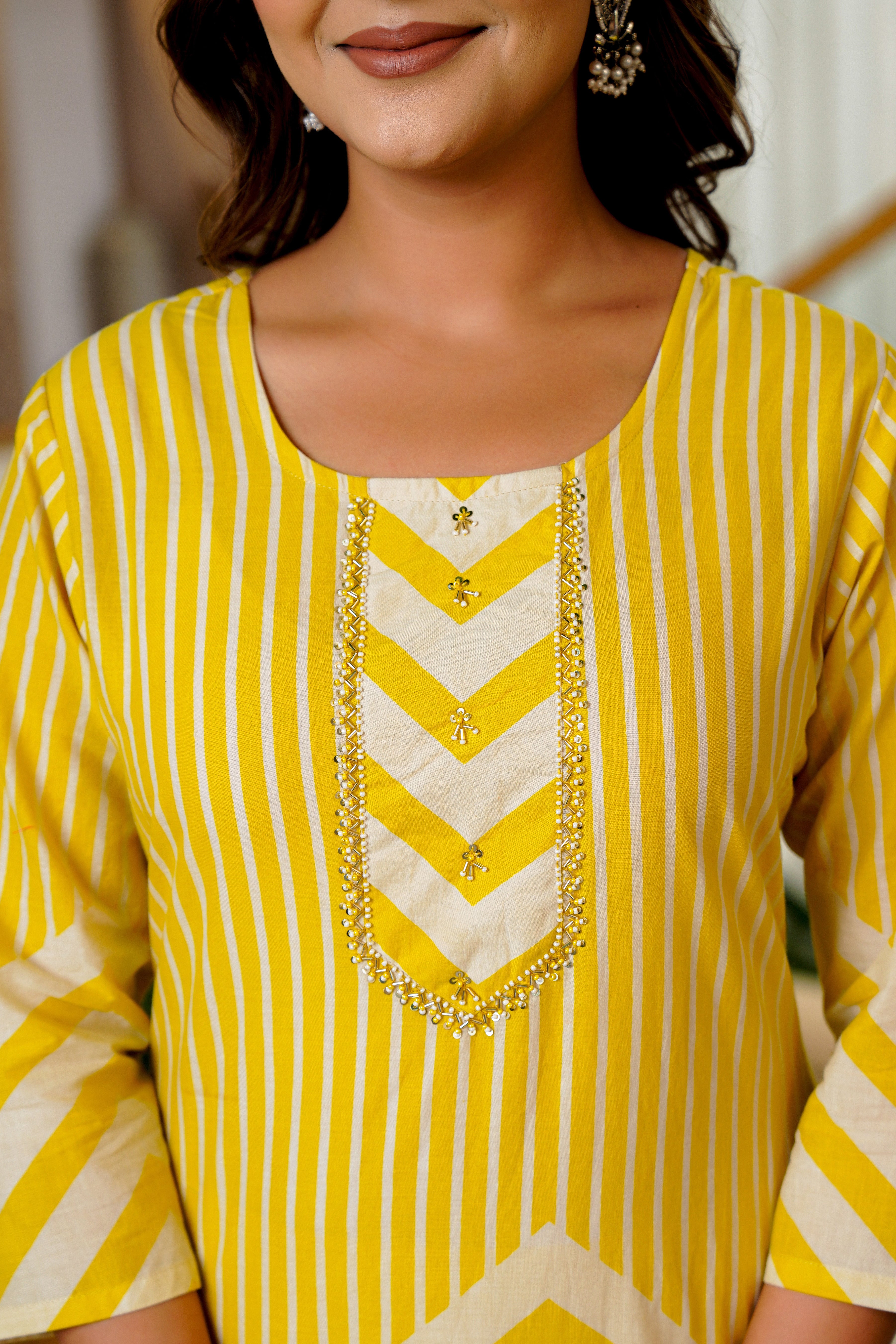 Radiant Yellow Chevron Kurta Set with Floral Dupatta