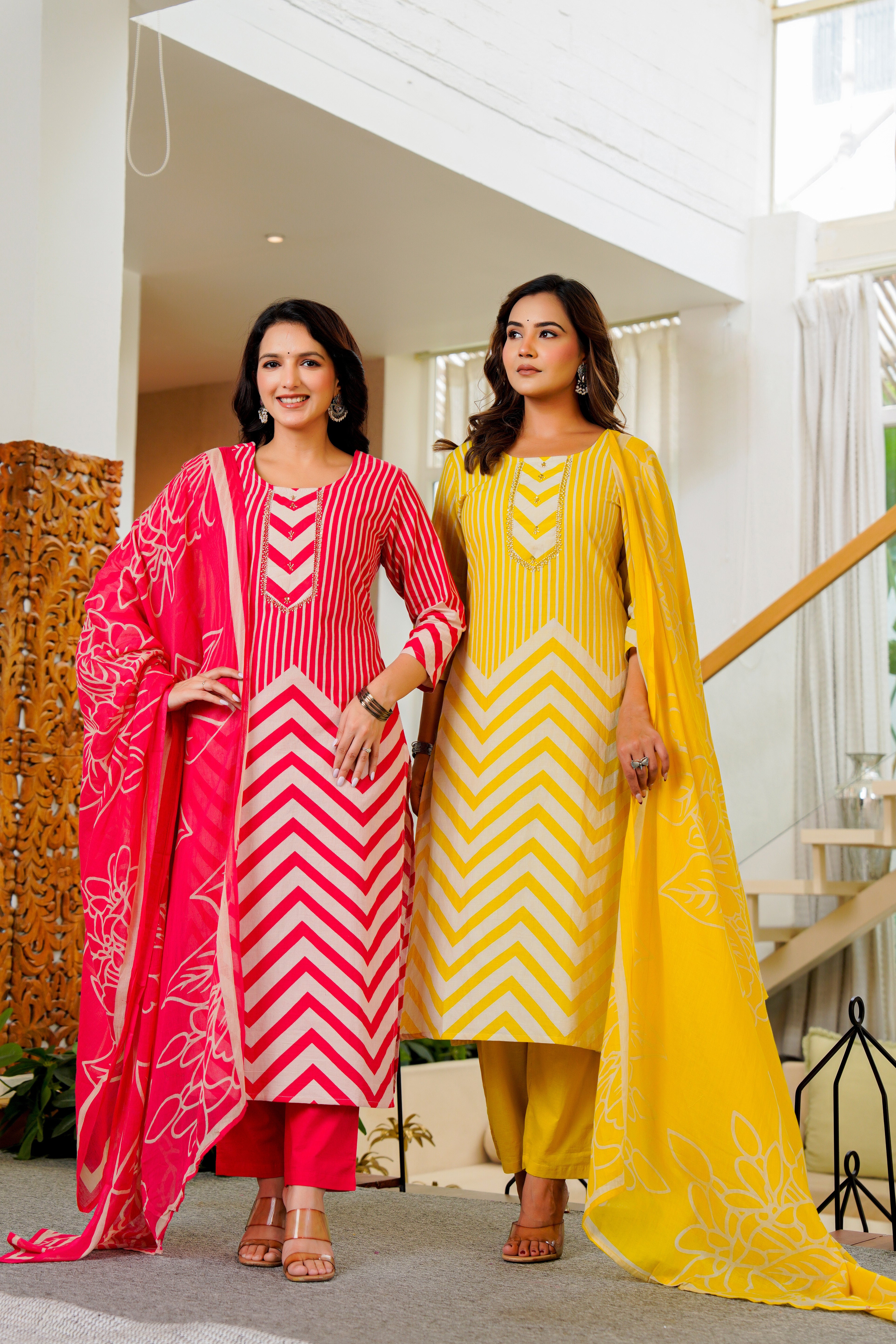 Radiant Pink Chevron Kurta Set with Dupatta