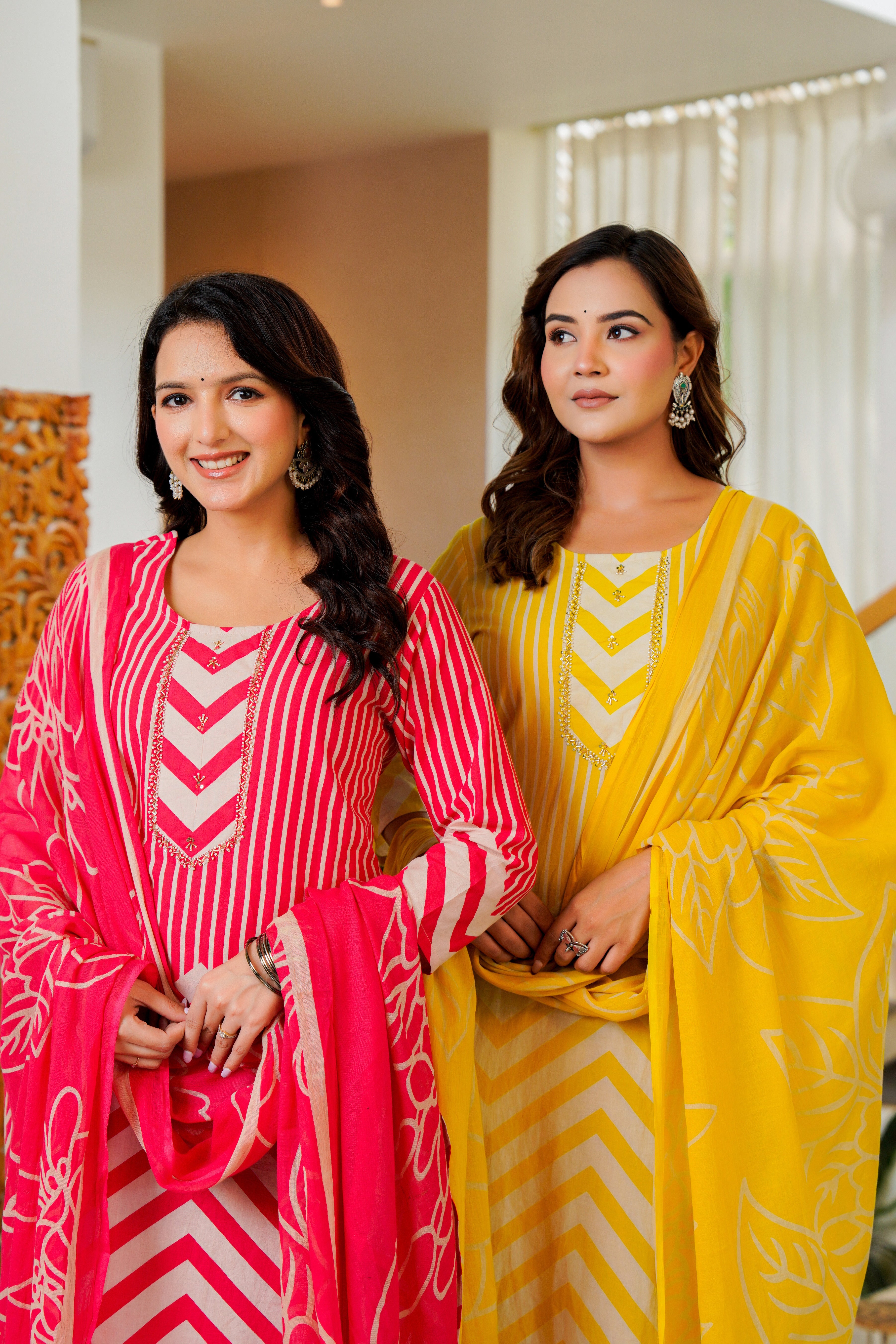 Radiant Pink Chevron Kurta Set with Dupatta
