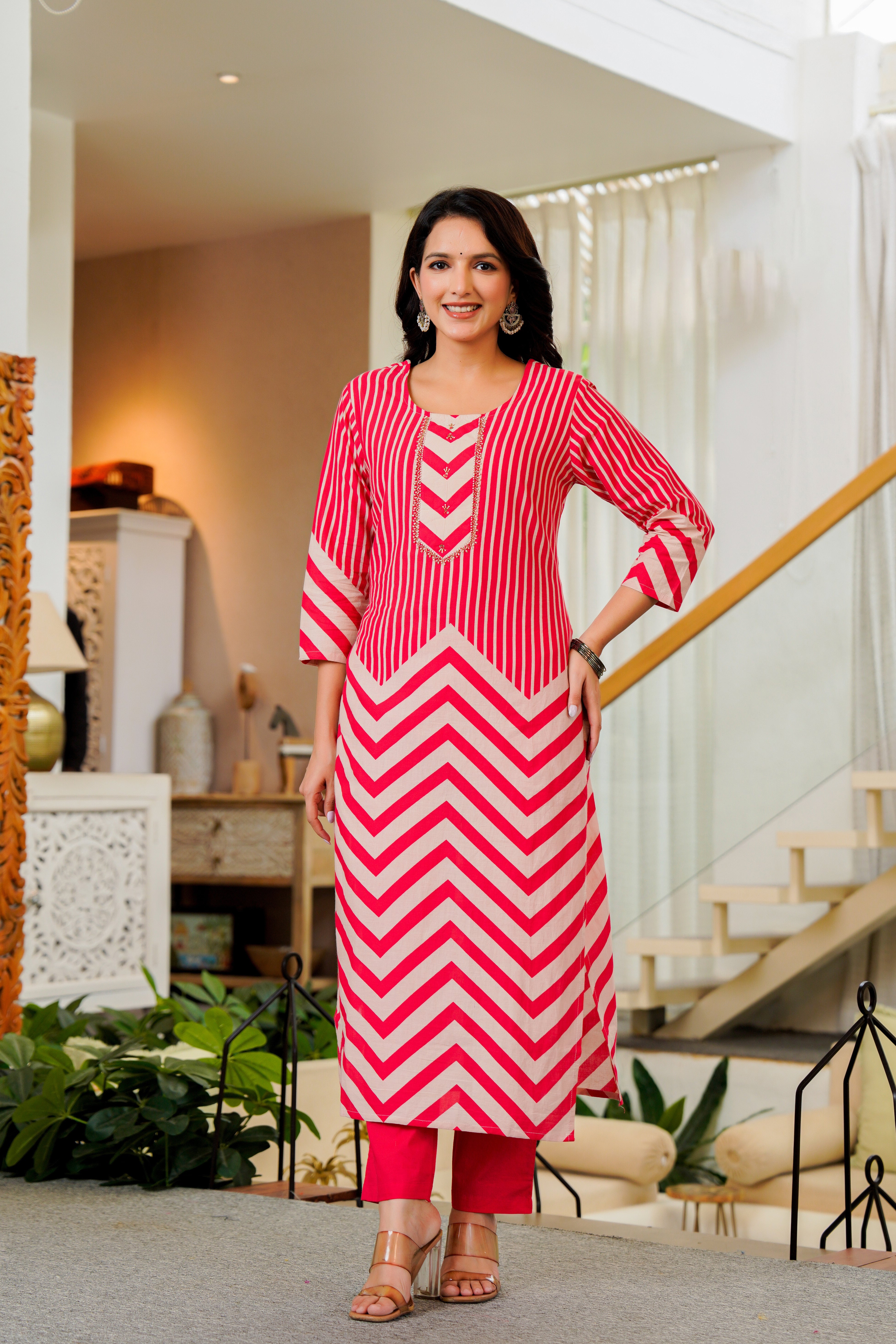 Radiant Pink Chevron Kurta Set with Dupatta