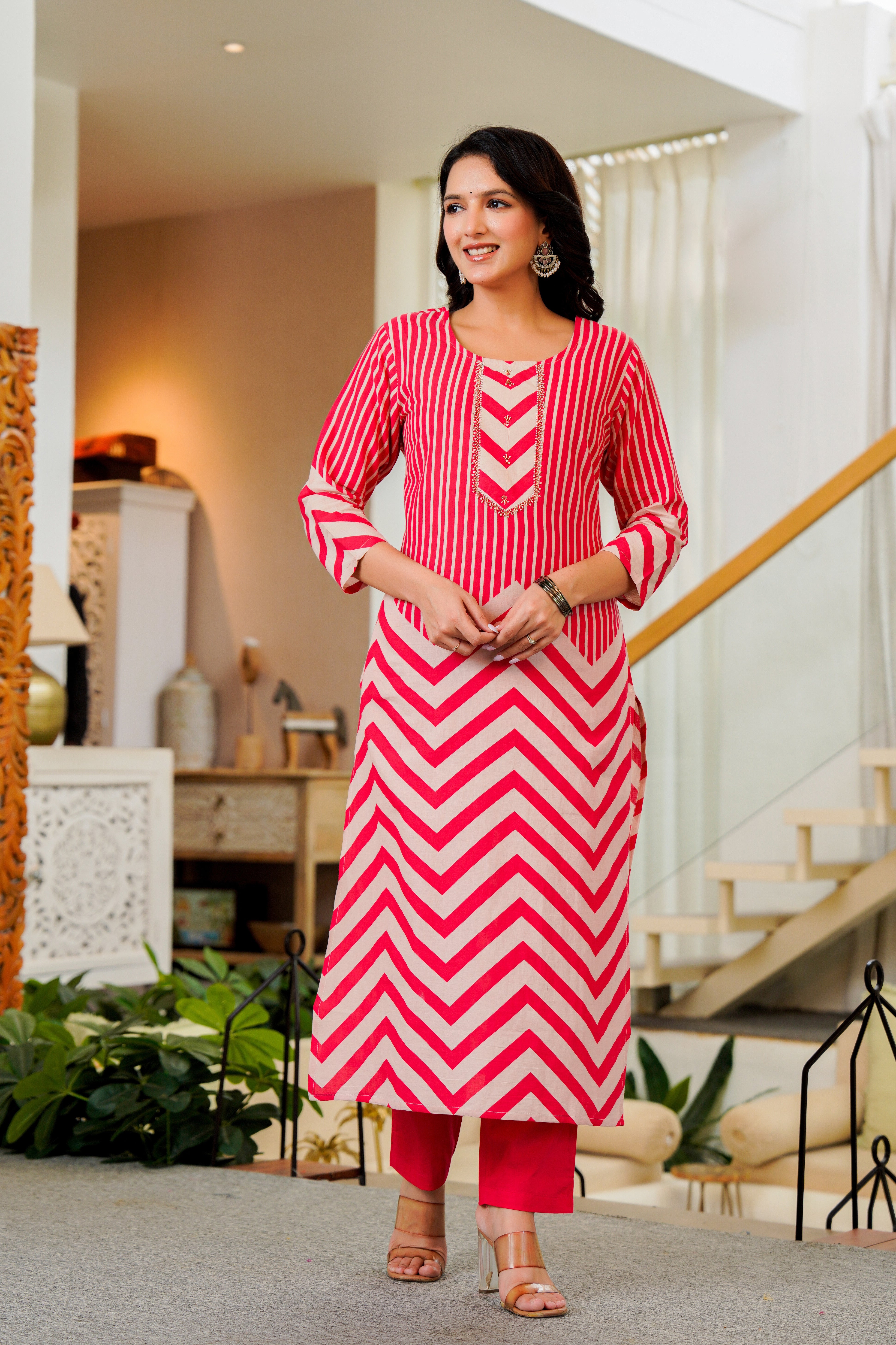 Radiant Pink Chevron Kurta Set with Dupatta