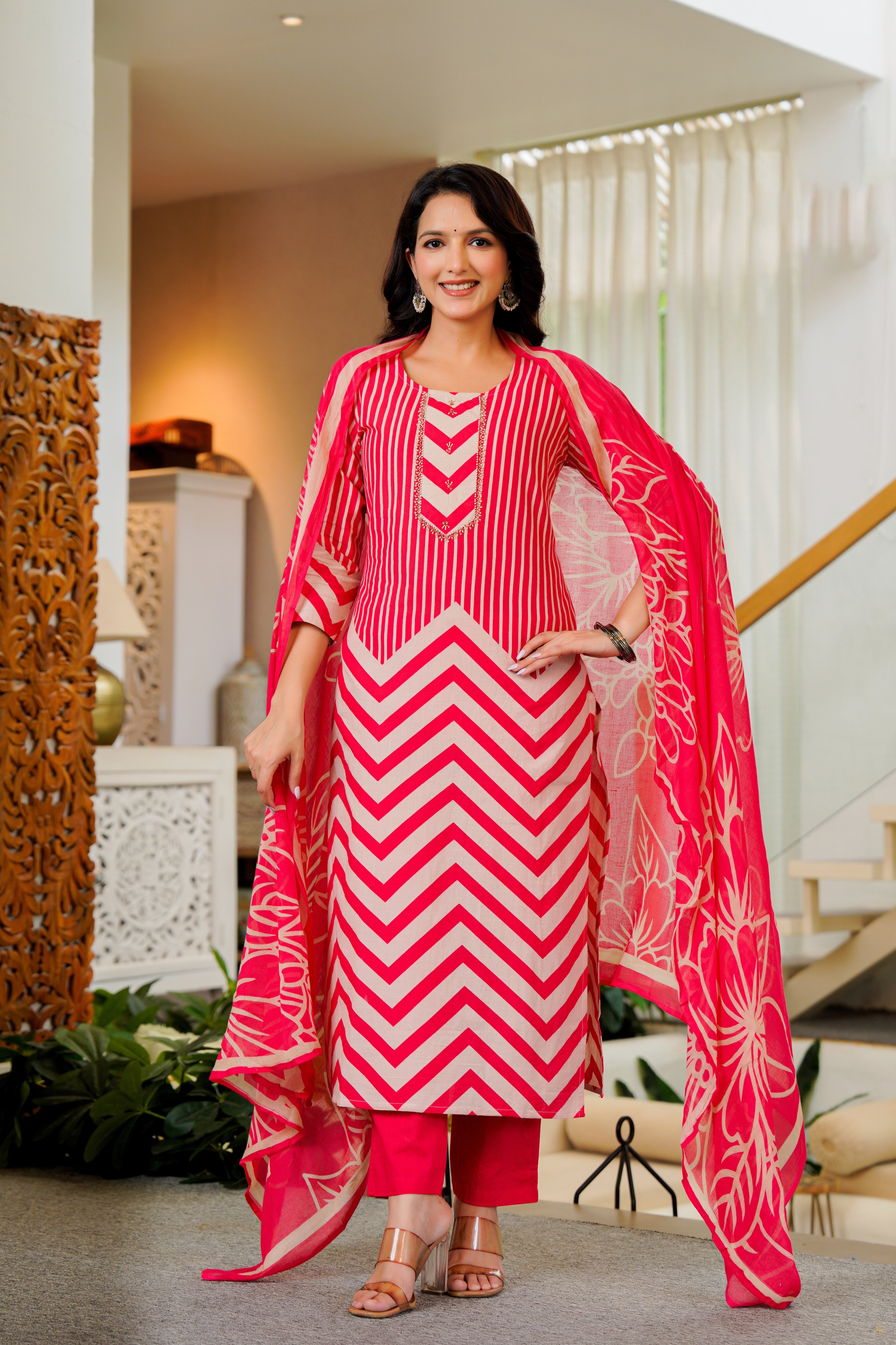 Radiant Pink Chevron Kurta Set with Dupatta