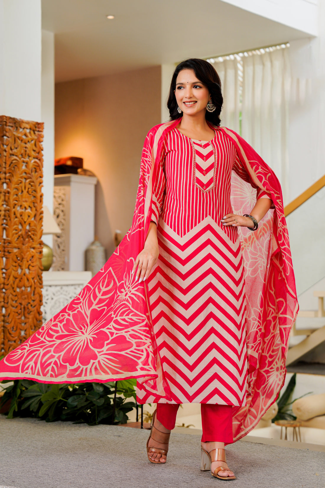 Radiant Pink Chevron Kurta Set with Dupatta