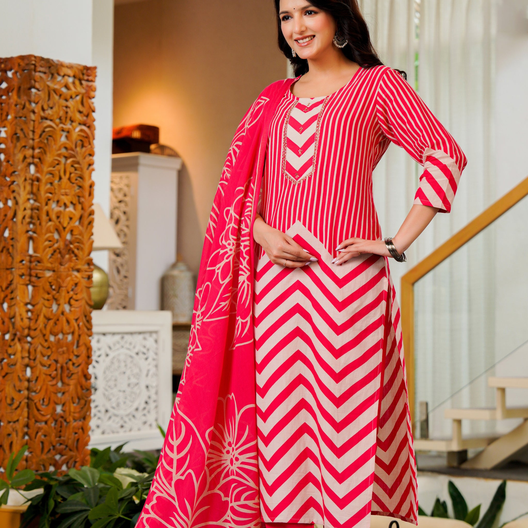 Radiant Pink Chevron Kurta Set with Dupatta