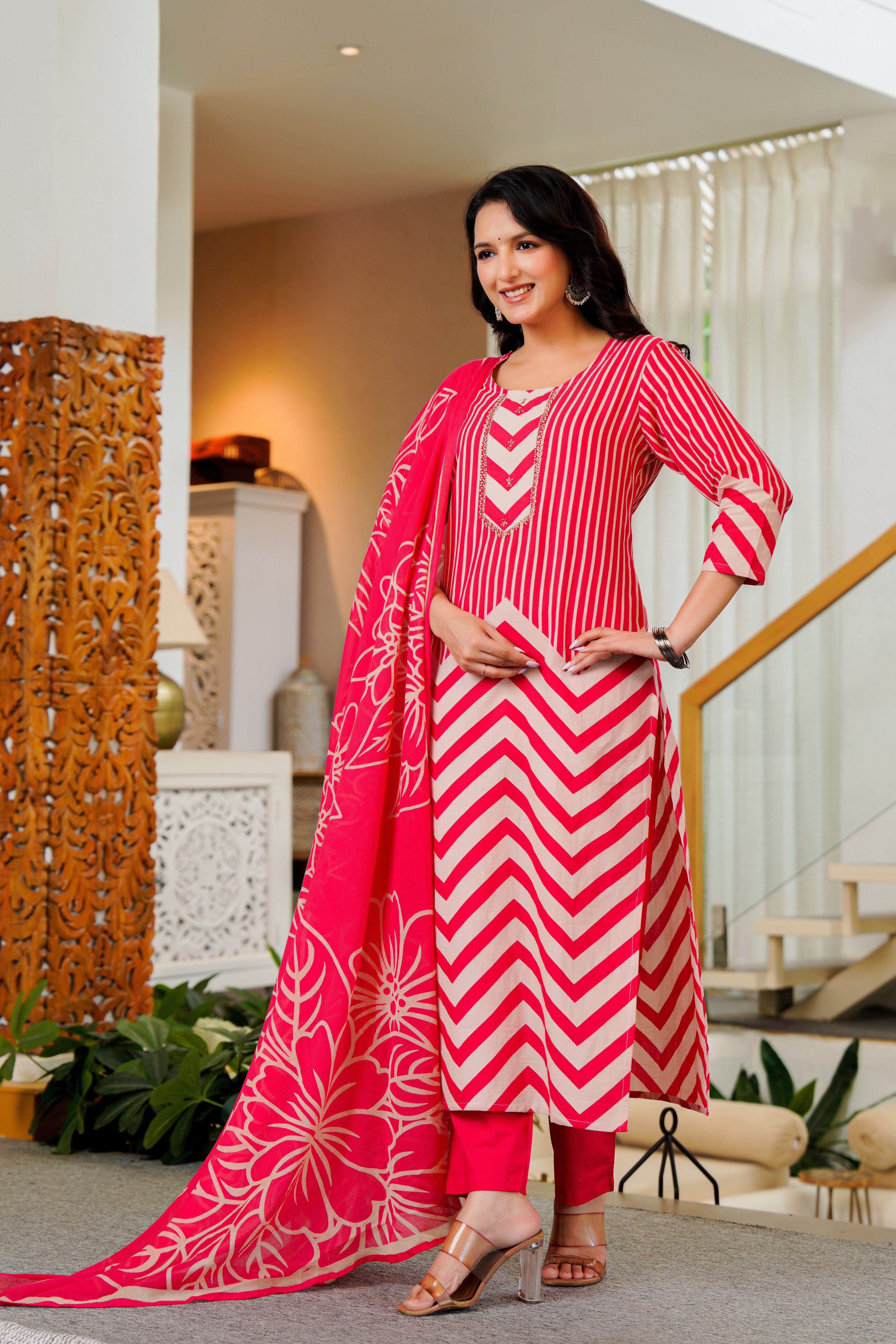 Radiant Pink Chevron Kurta Set with Dupatta