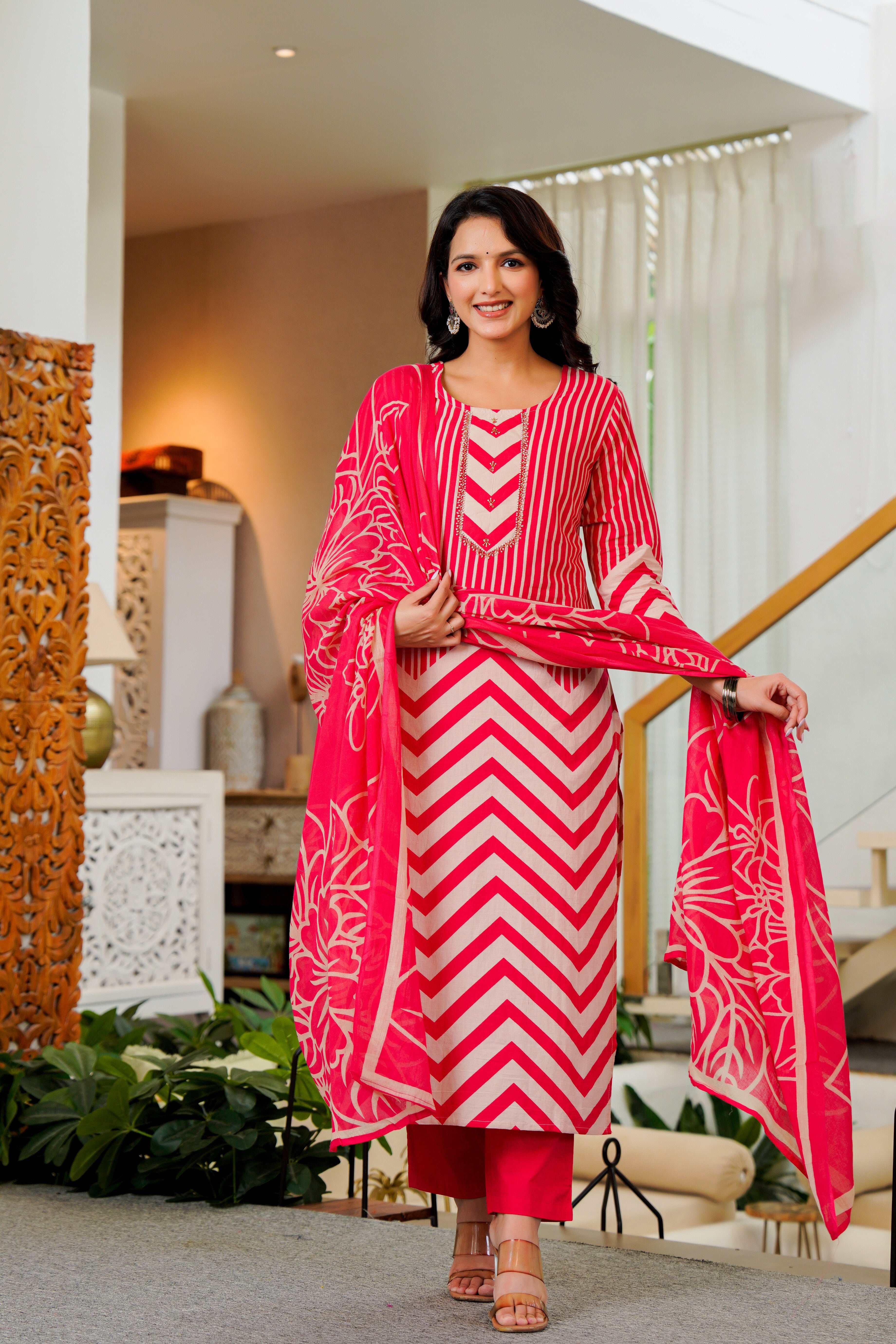 Radiant Pink Chevron Kurta Set with Dupatta