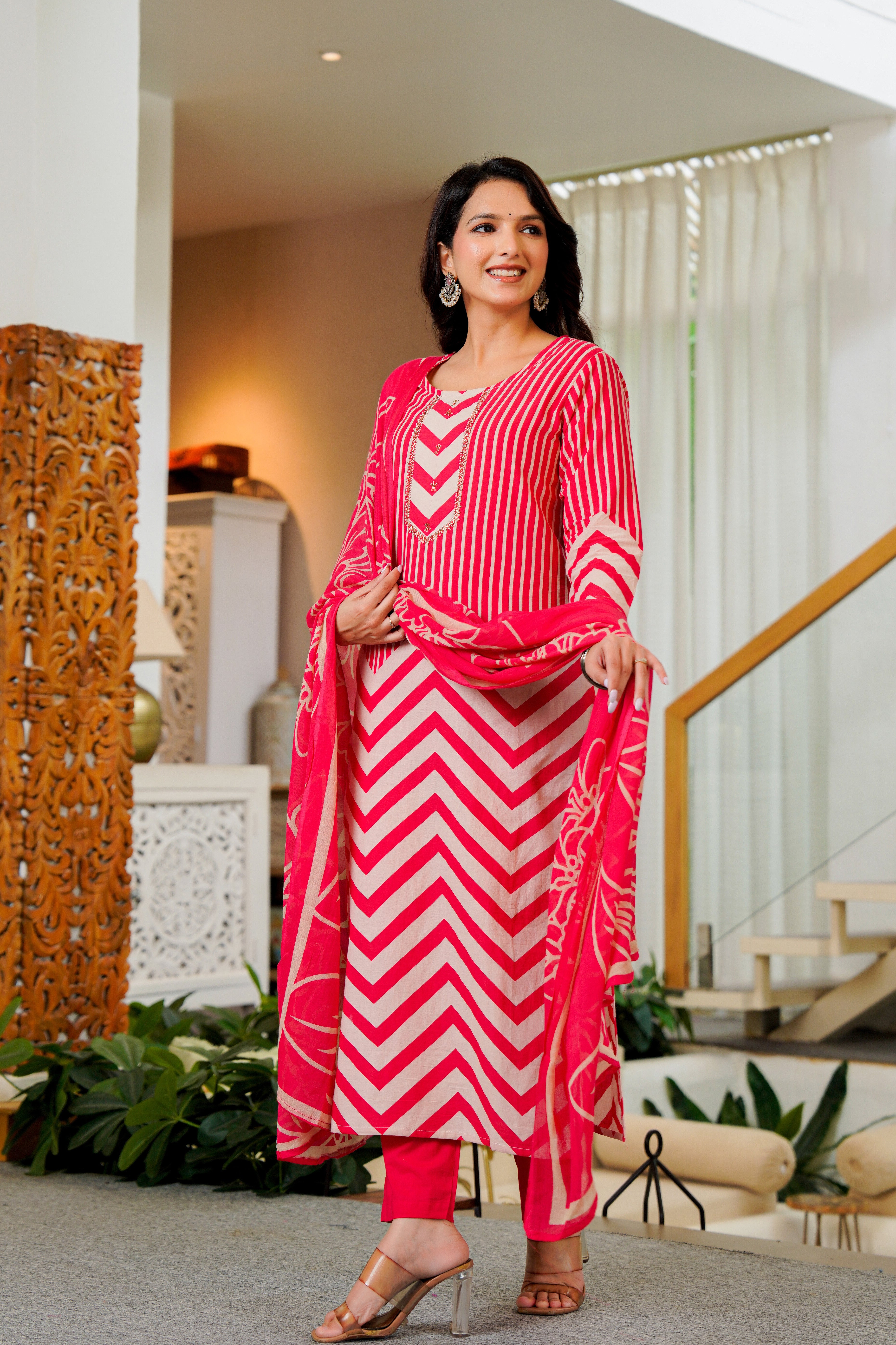 Radiant Pink Chevron Kurta Set with Dupatta