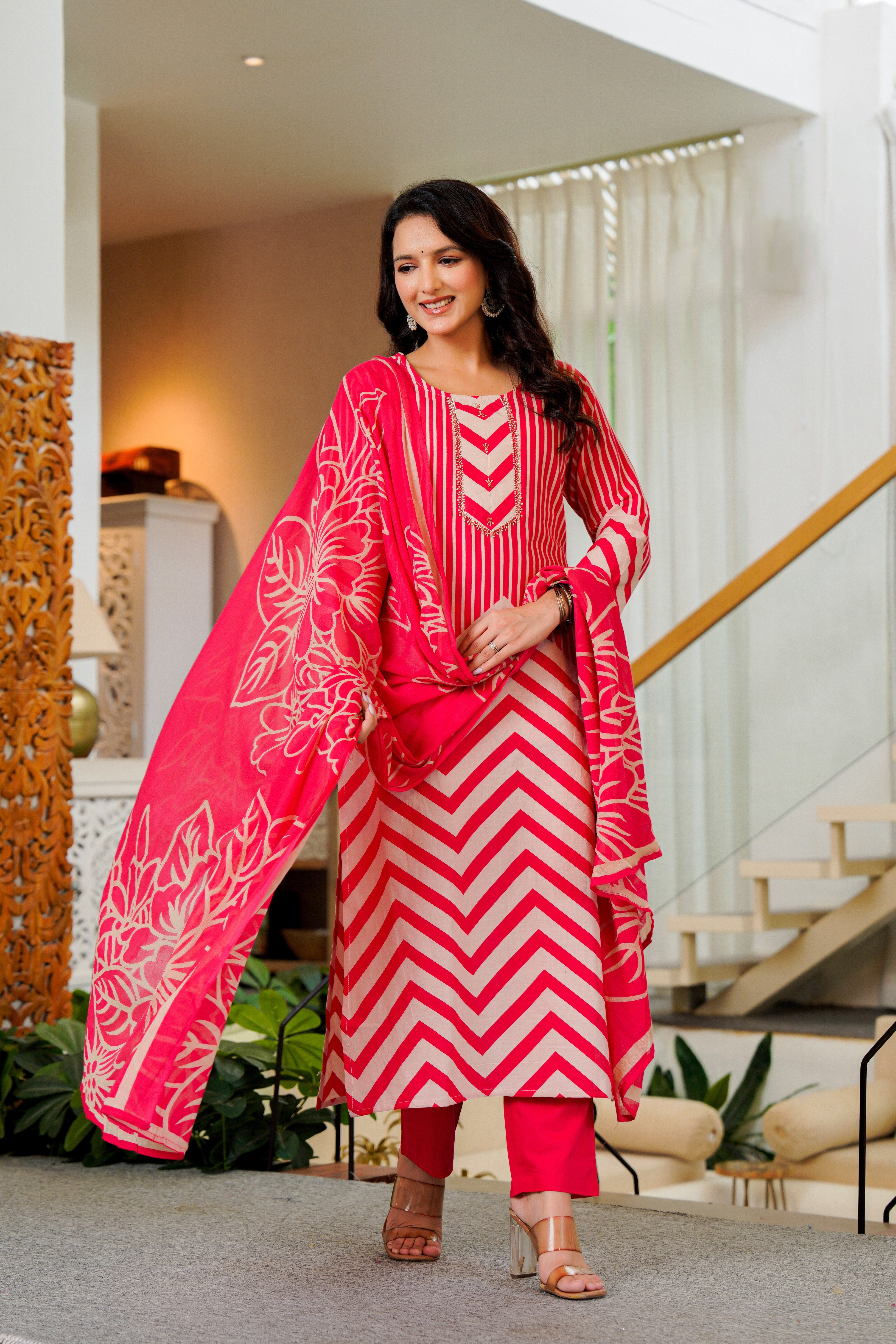 Radiant Pink Chevron Kurta Set with Dupatta