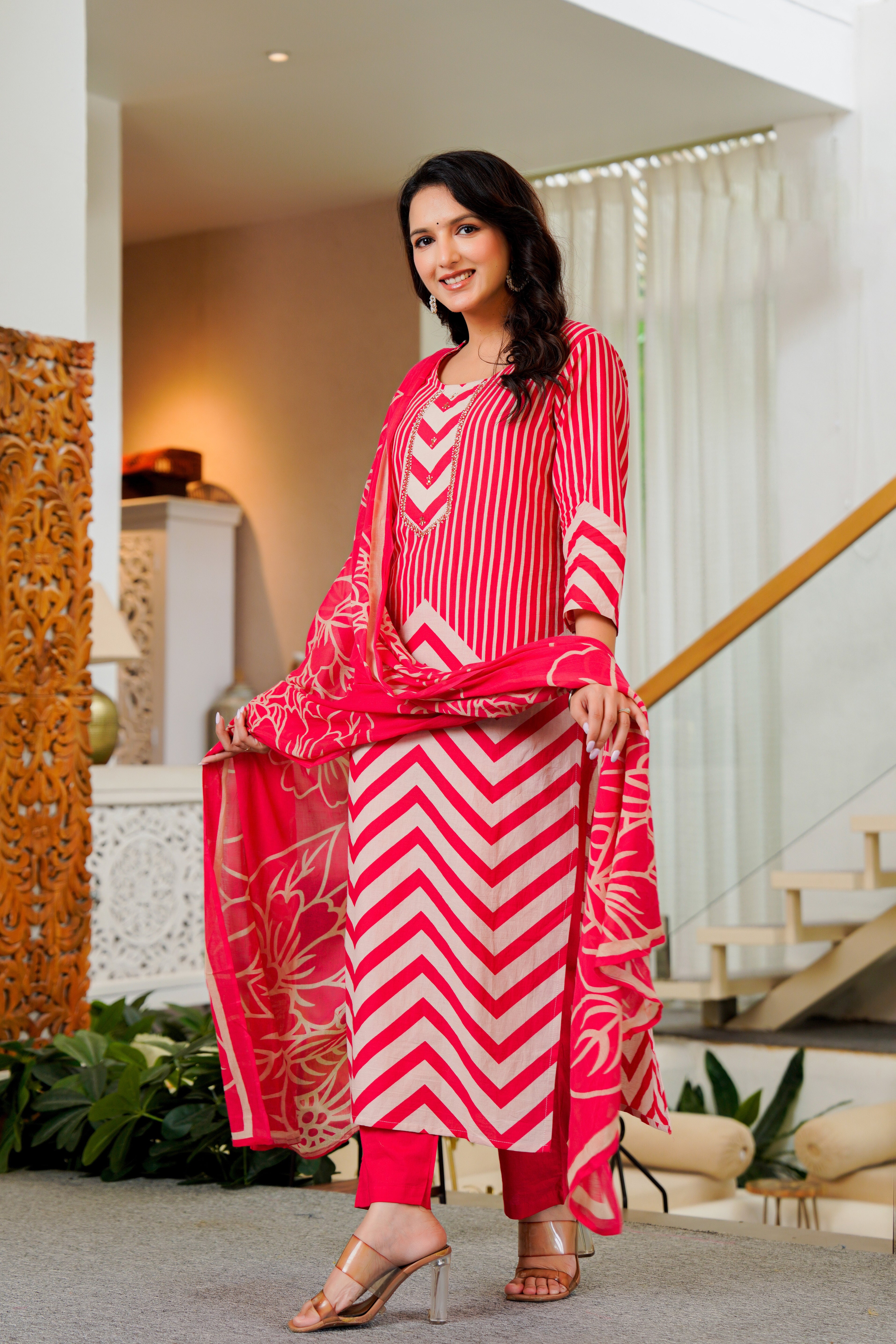 Radiant Pink Chevron Kurta Set with Dupatta
