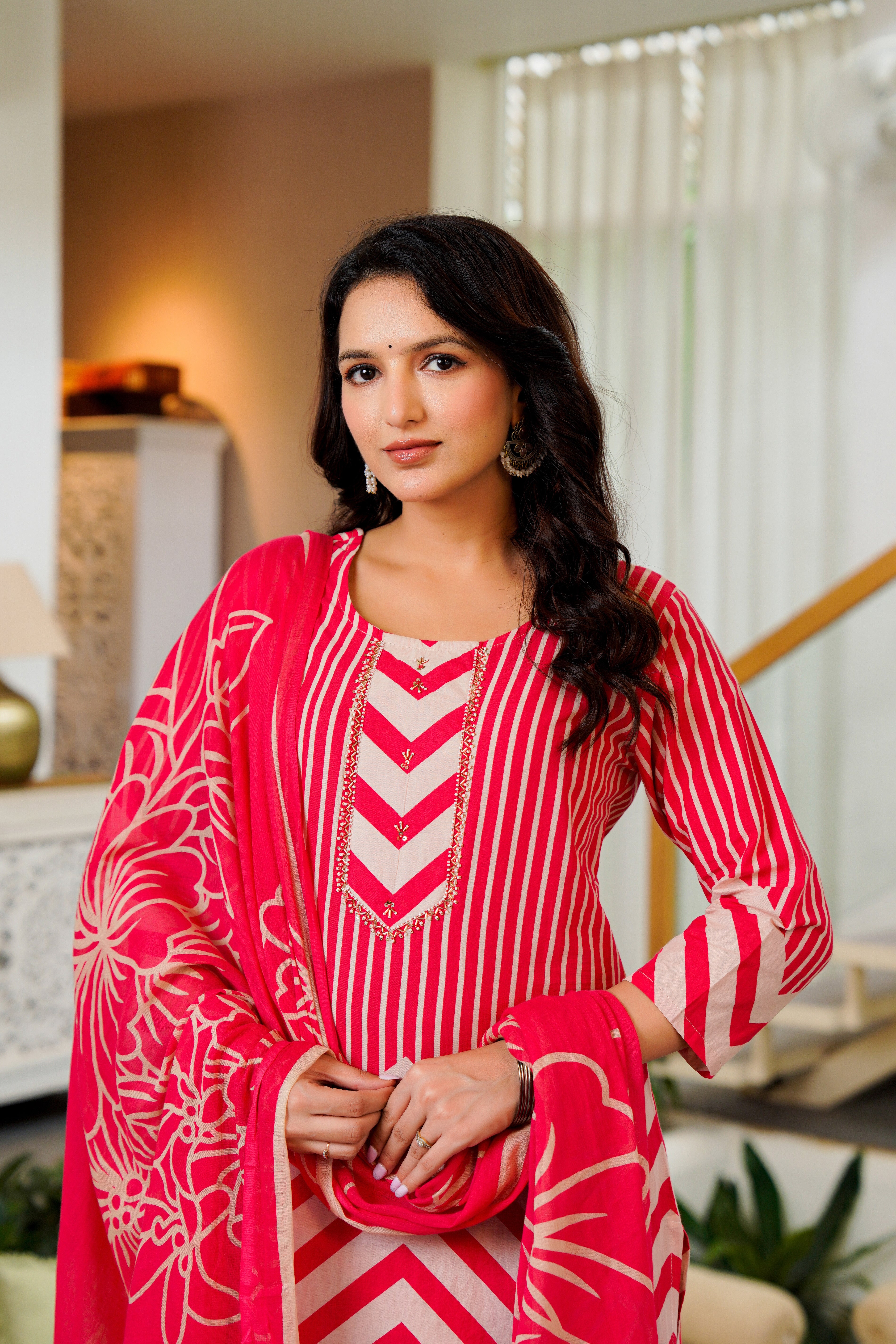 Radiant Pink Chevron Kurta Set with Dupatta