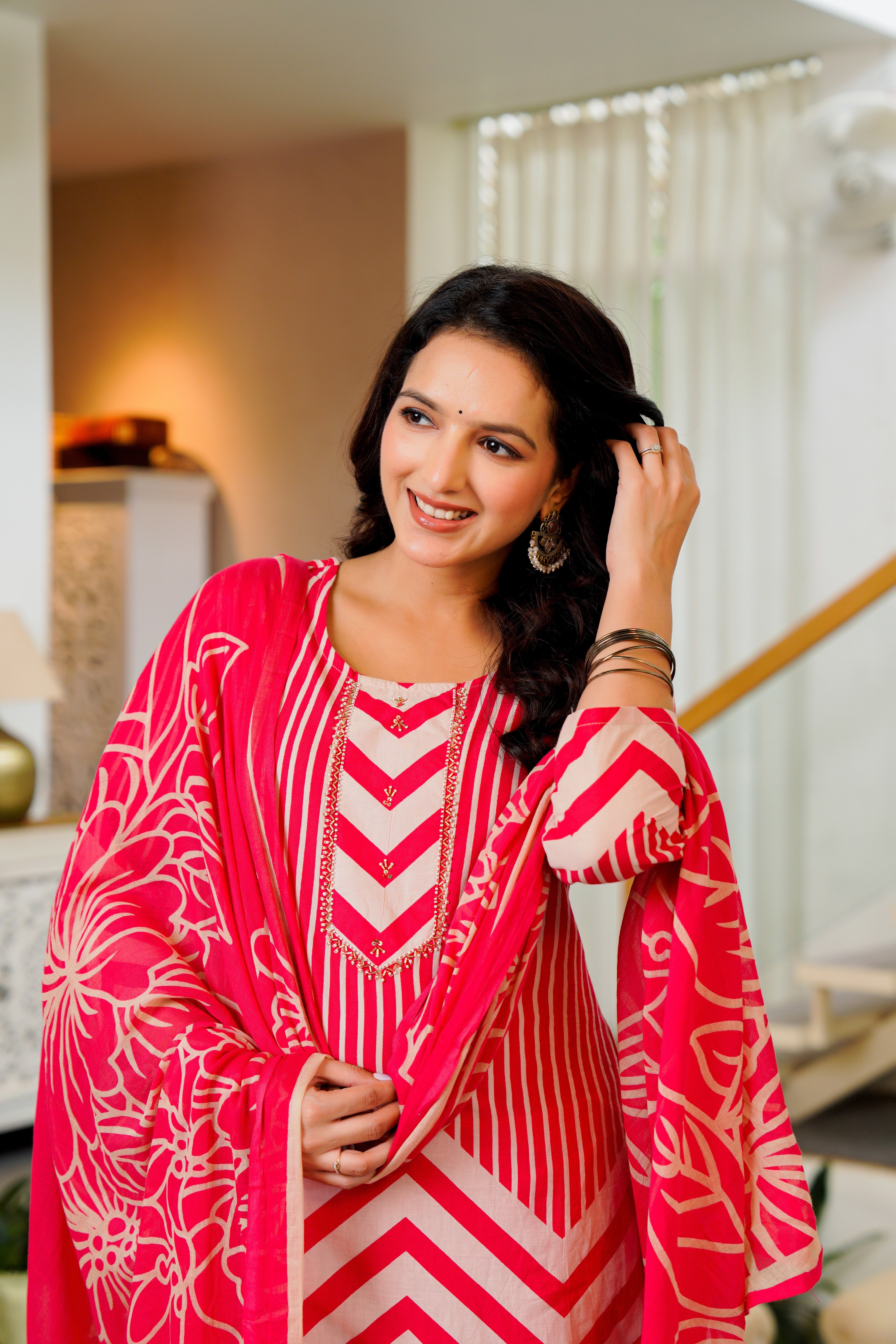 Radiant Pink Chevron Kurta Set with Dupatta