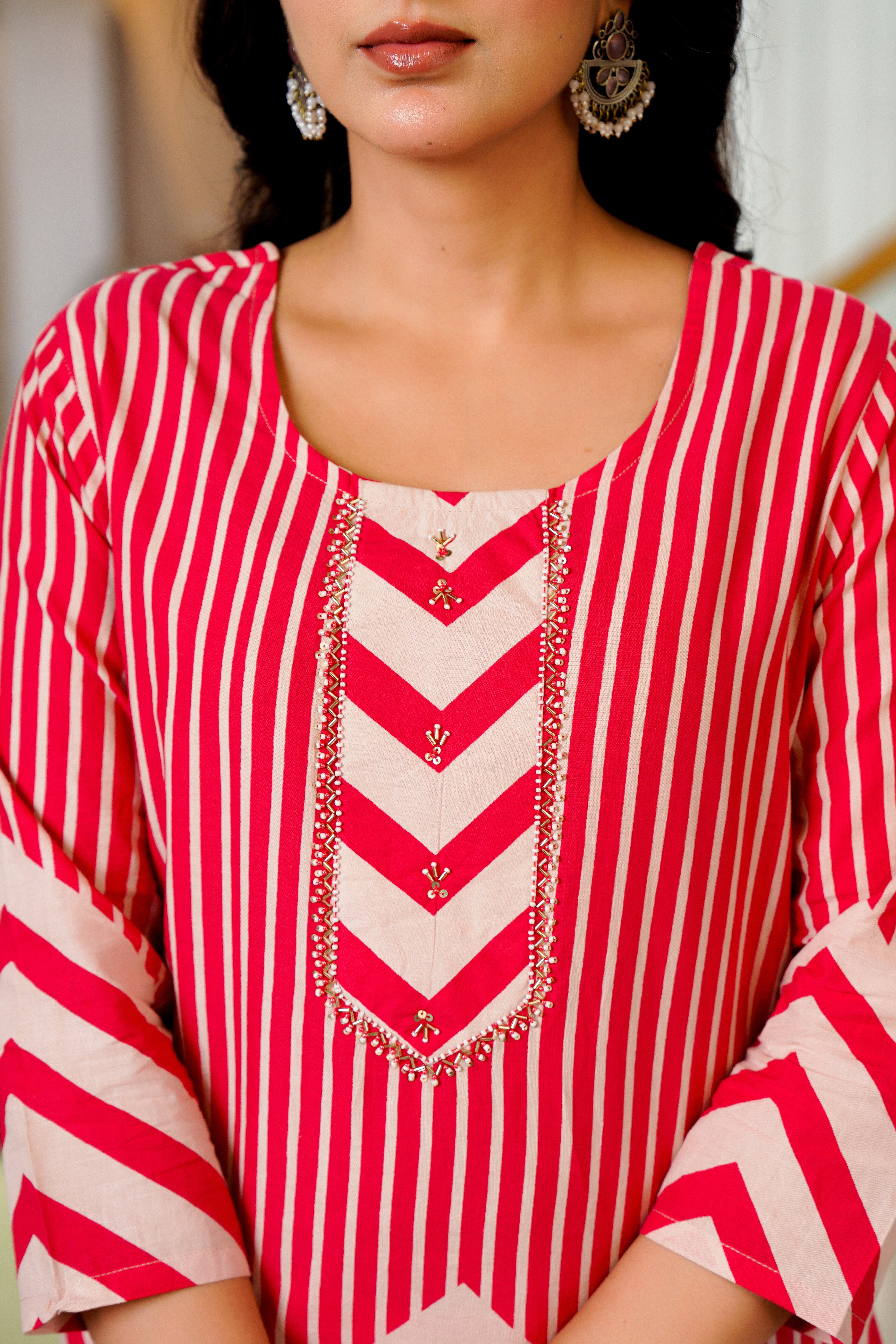 Radiant Pink Chevron Kurta Set with Dupatta