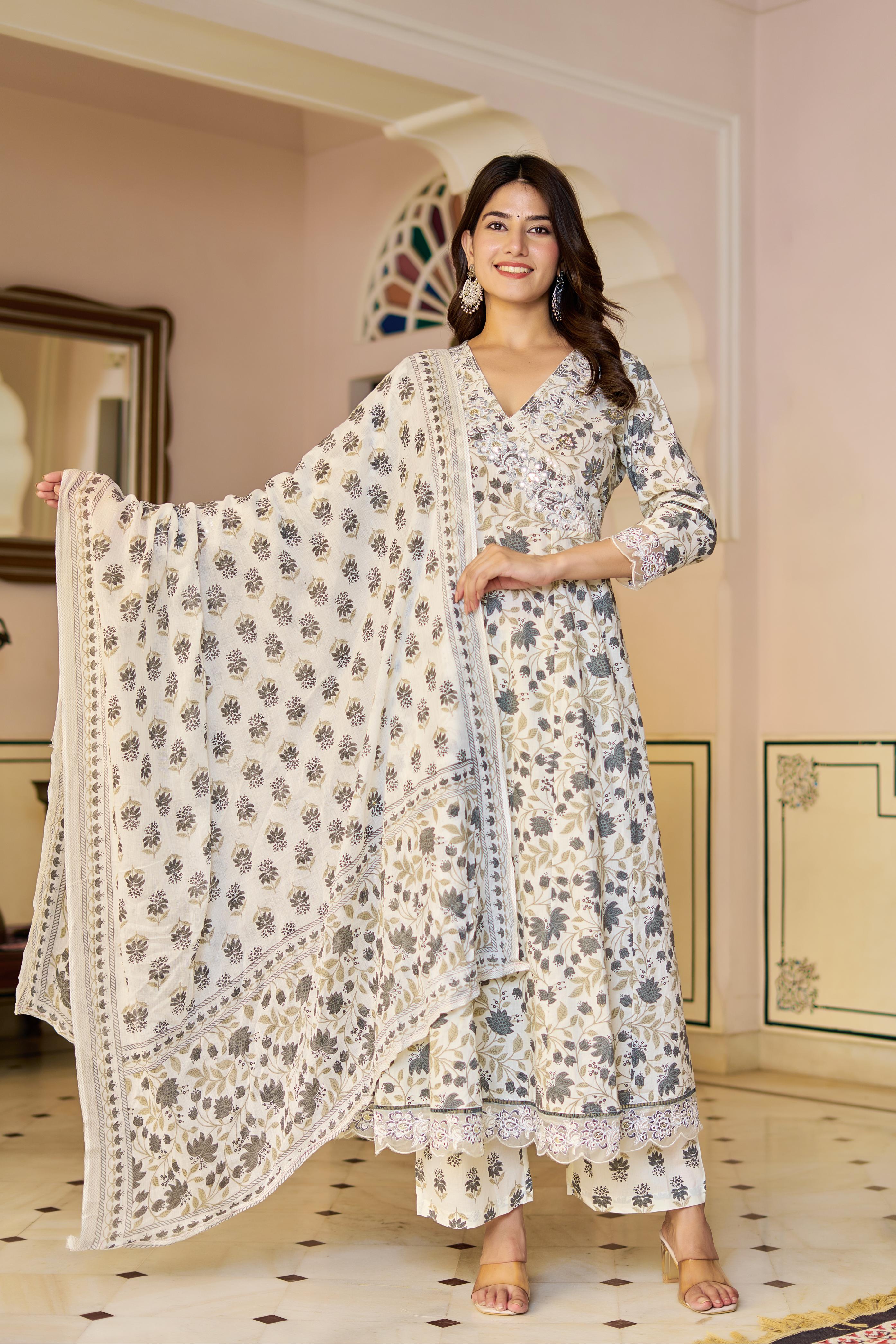 Amaira Women's Cotton Anarkali Kurta Set with Dupatta | Heavy Embroidered | Cream Floral Print