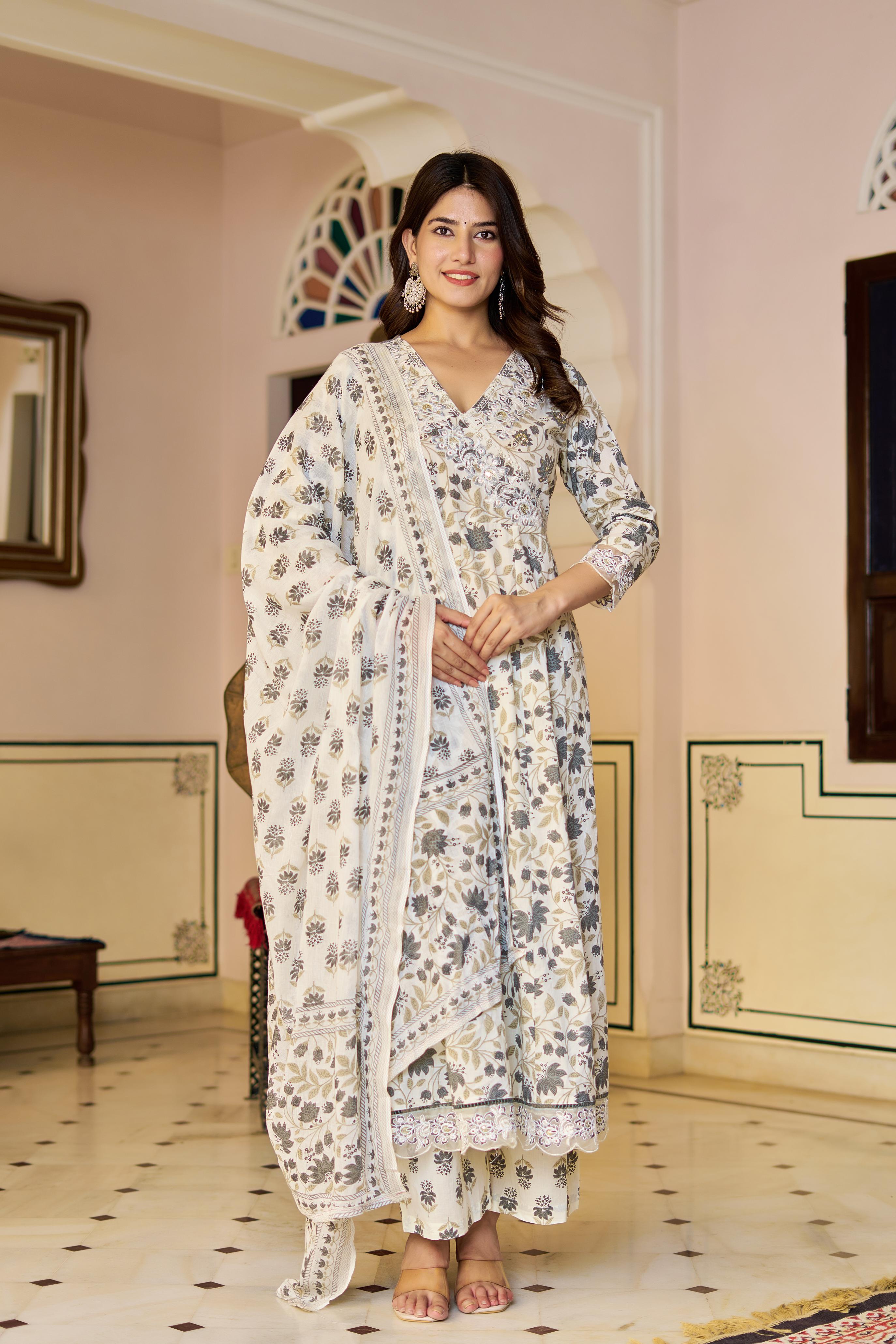 Amaira Women's Cotton Anarkali Kurta Set with Dupatta | Heavy Embroidered | Cream Floral Print