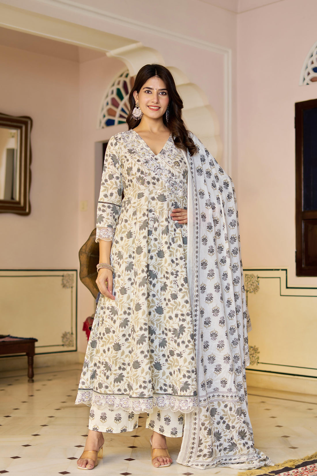 Amaira Women's Cotton Anarkali Kurta Set with Dupatta | Heavy Embroidered | Cream Floral Print