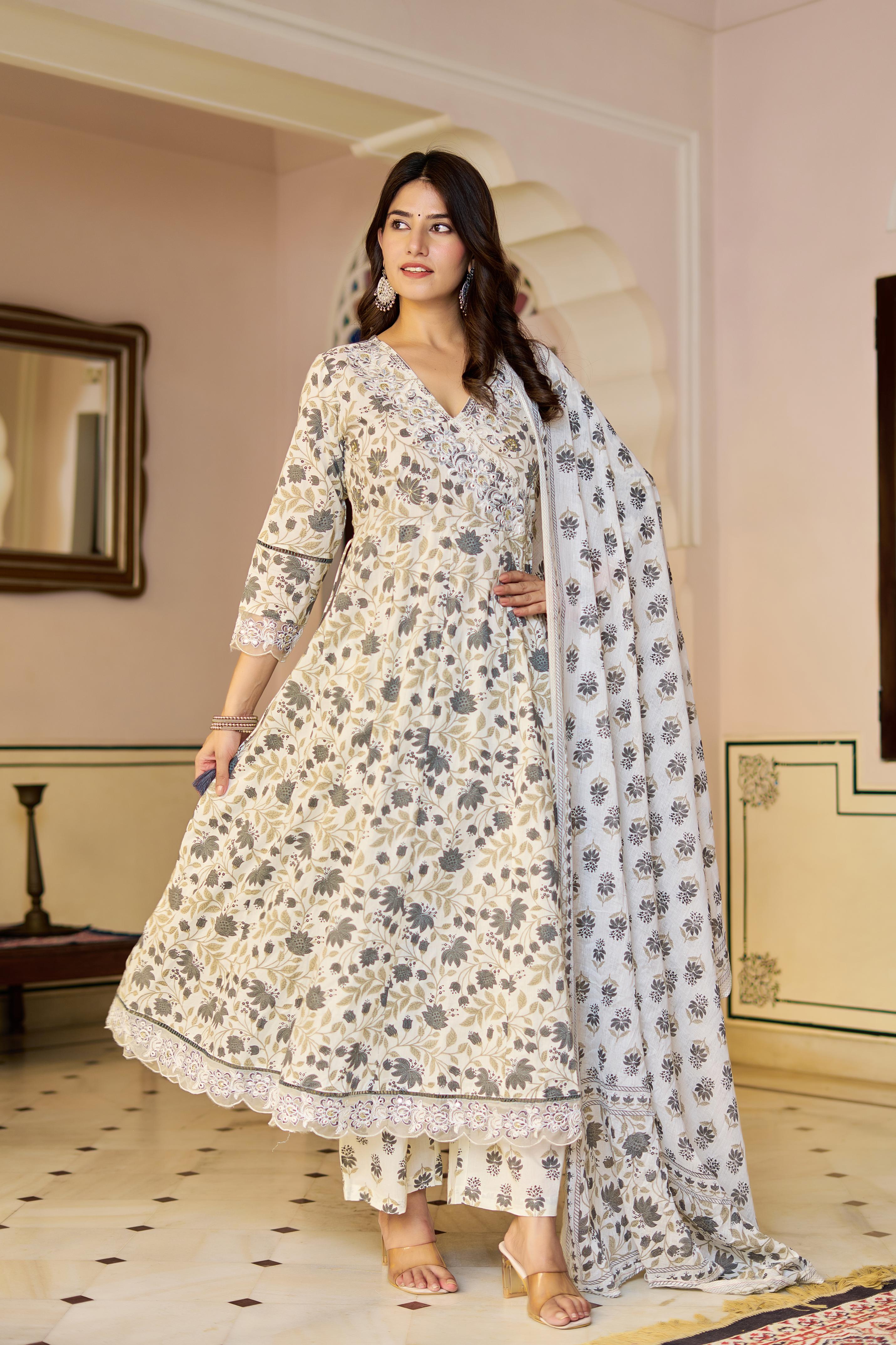 Amaira Women's Cotton Anarkali Kurta Set with Dupatta | Heavy Embroidered | Cream Floral Print