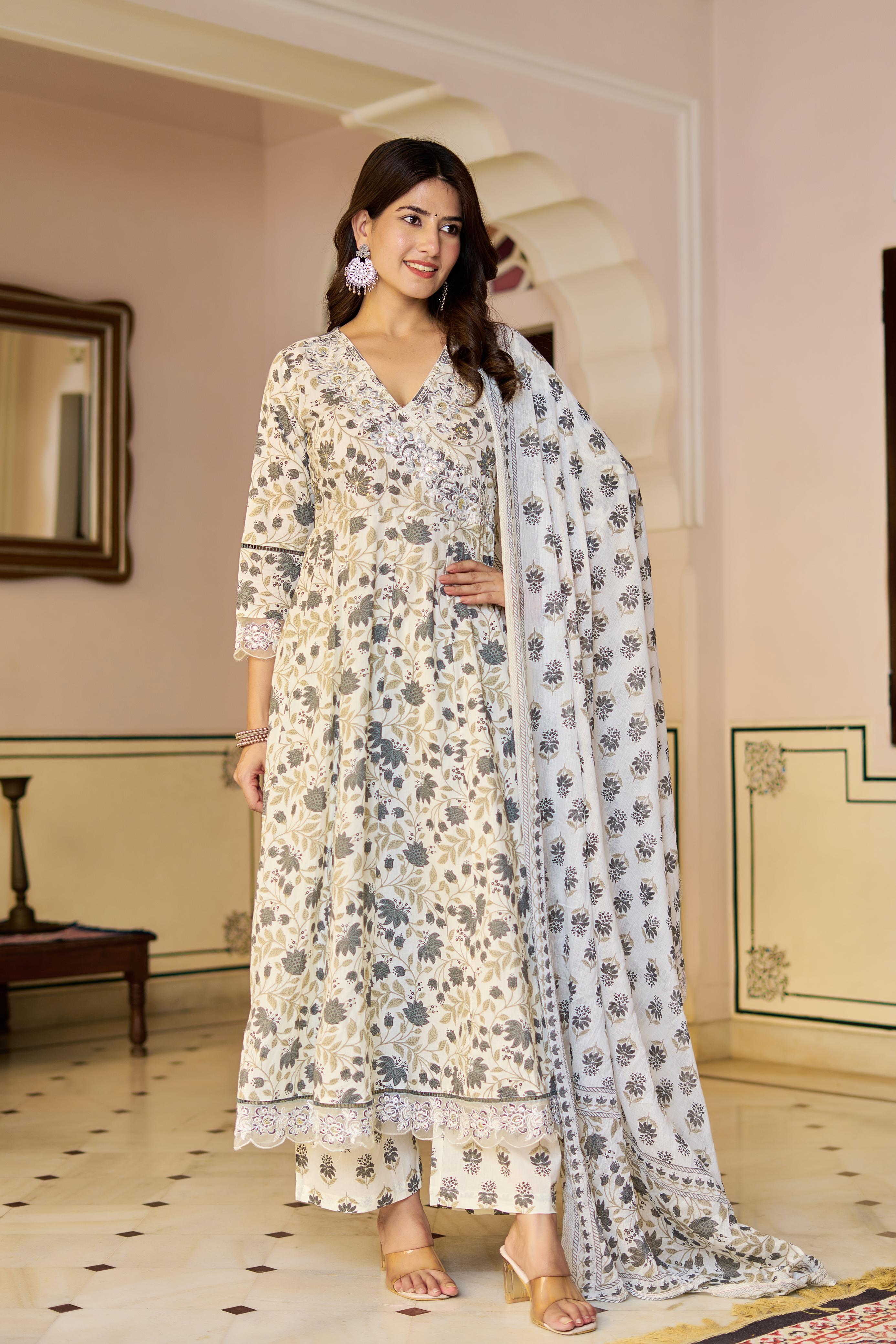 Amaira Women's Cotton Anarkali Kurta Set with Dupatta | Heavy Embroidered | Cream Floral Print