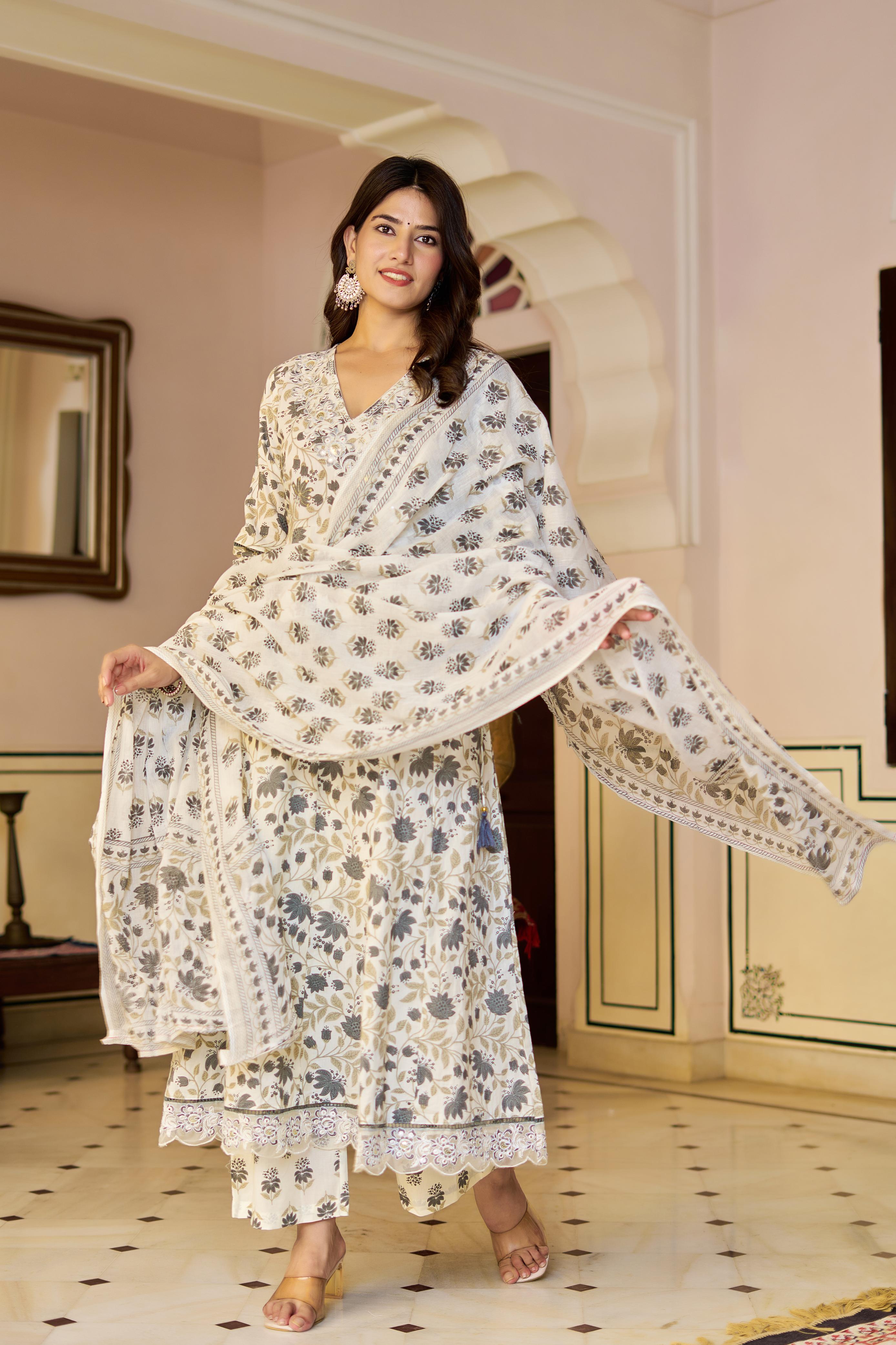 Amaira Women's Cotton Anarkali Kurta Set with Dupatta | Heavy Embroidered | Cream Floral Print