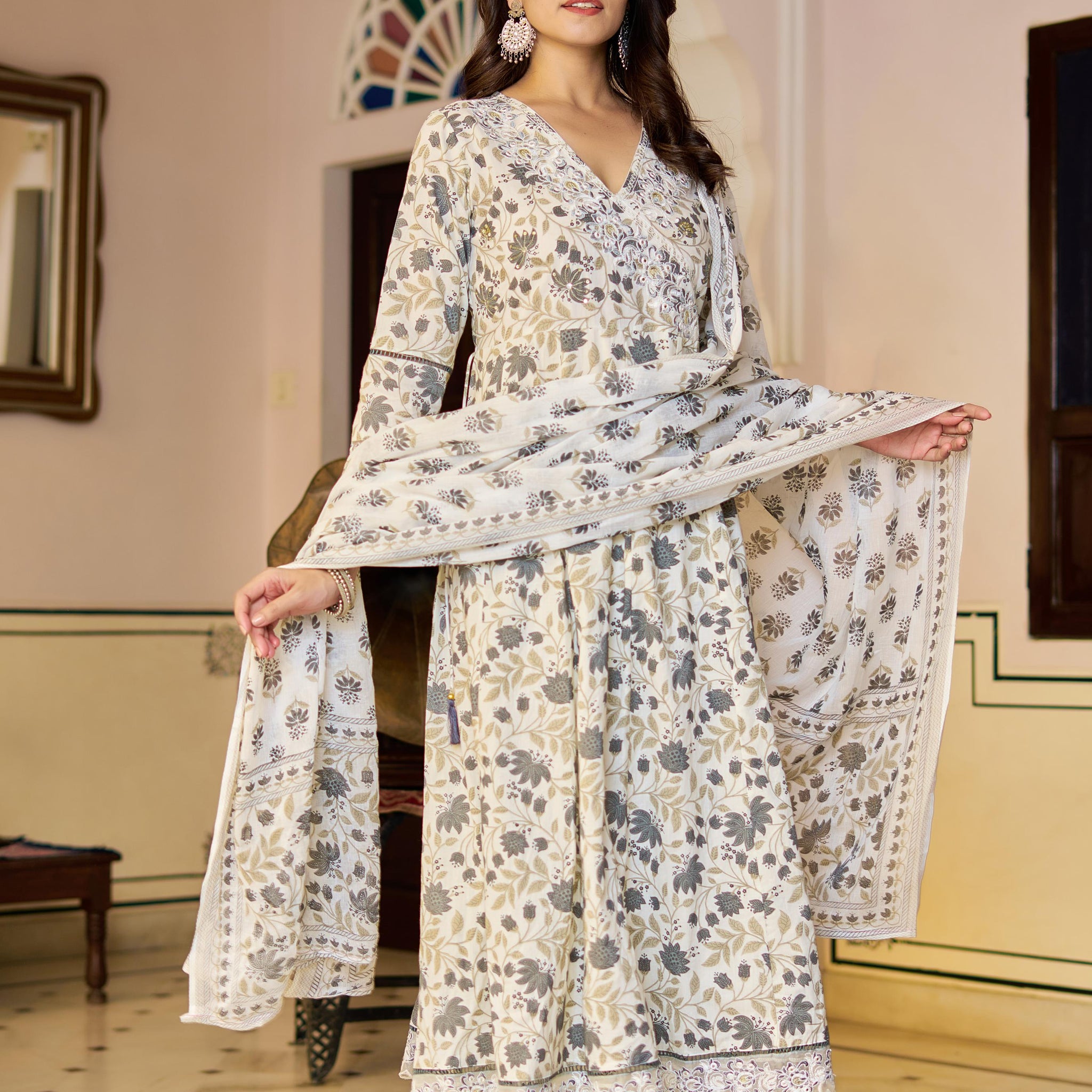 Amaira Women's Cotton Anarkali Kurta Set with Dupatta | Heavy Embroidered | Cream Floral Print