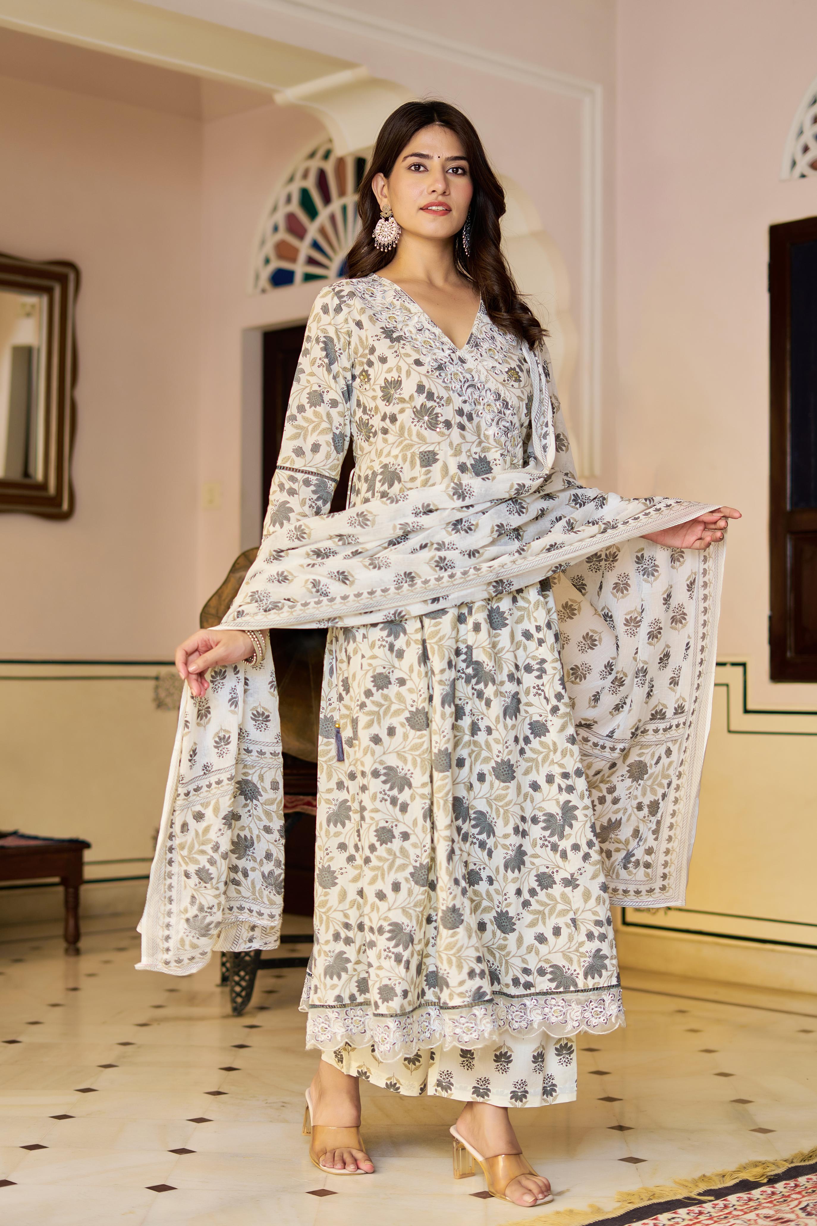 Amaira Women's Cotton Anarkali Kurta Set with Dupatta | Heavy Embroidered | Cream Floral Print