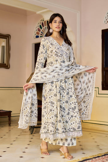 Amaira Women's Cotton Anarkali Kurta Set with Dupatta | Heavy Embroidered | Cream Floral Print