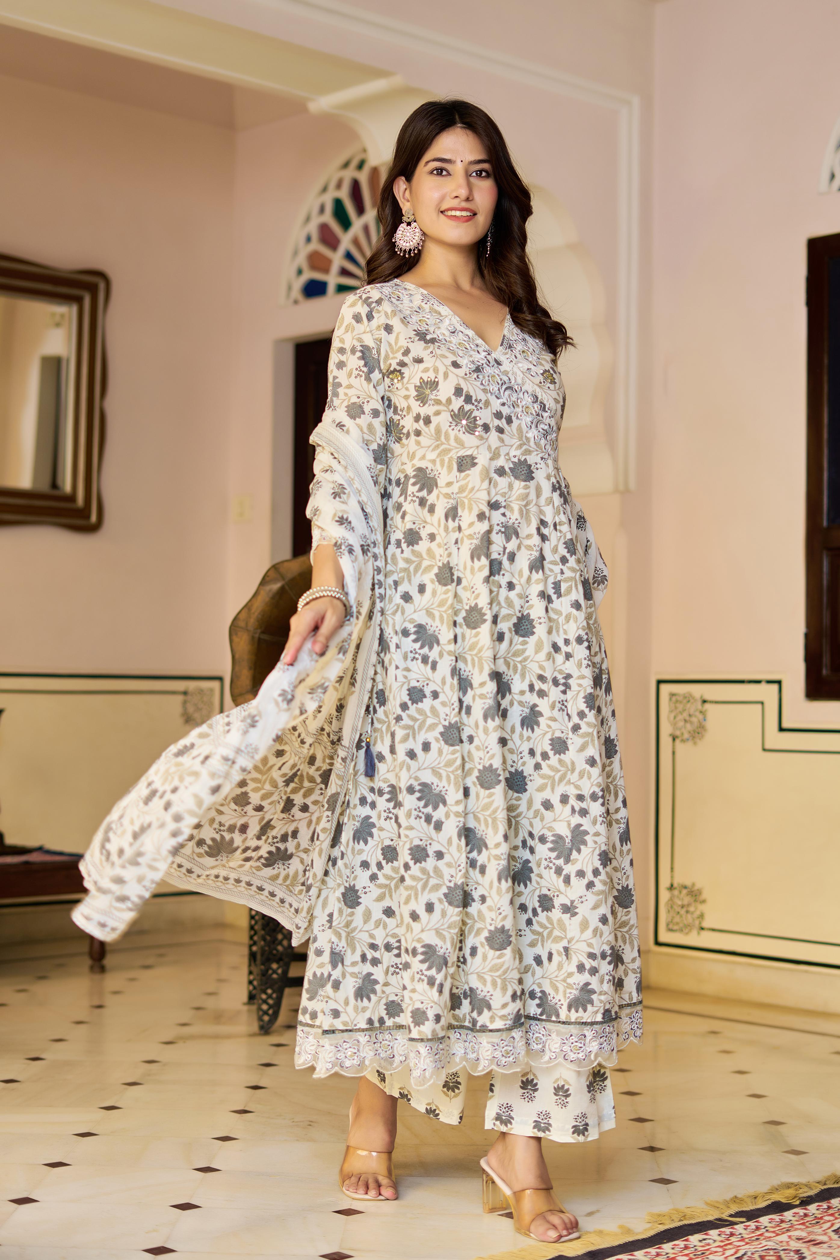 Amaira Women's Cotton Anarkali Kurta Set with Dupatta | Heavy Embroidered | Cream Floral Print