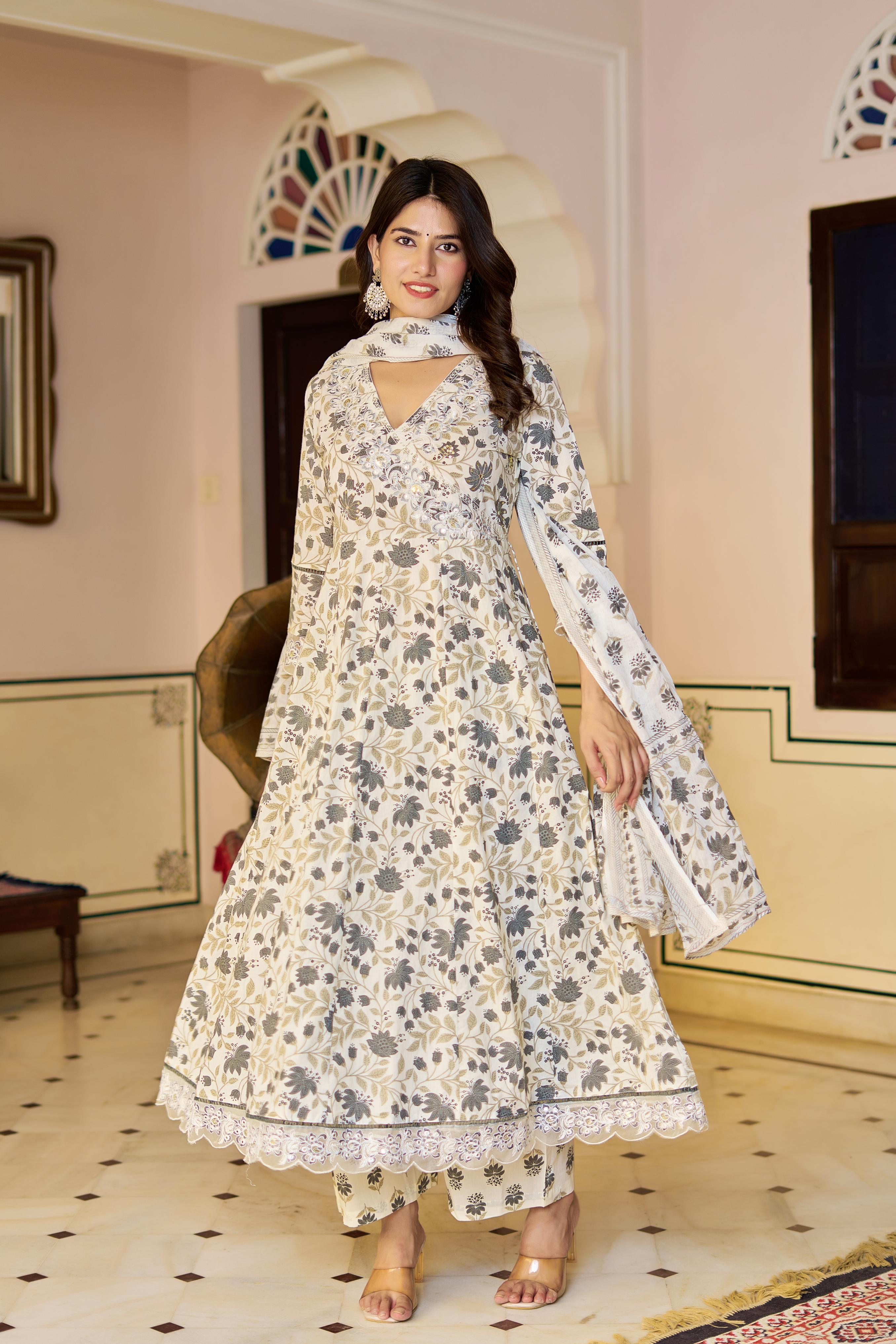 Amaira Women's Cotton Anarkali Kurta Set with Dupatta | Heavy Embroidered | Cream Floral Print