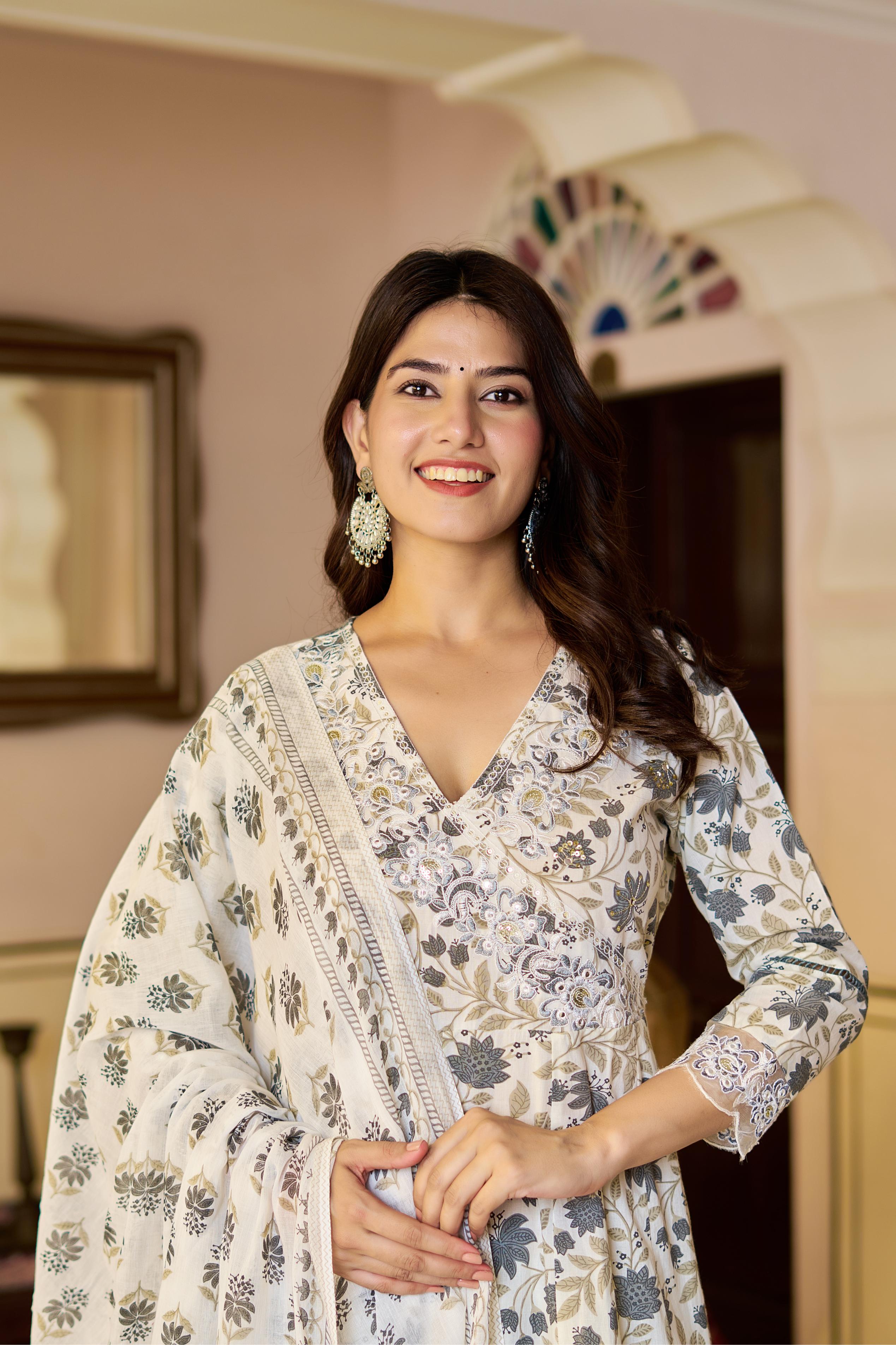 Amaira Women's Cotton Anarkali Kurta Set with Dupatta | Heavy Embroidered | Cream Floral Print
