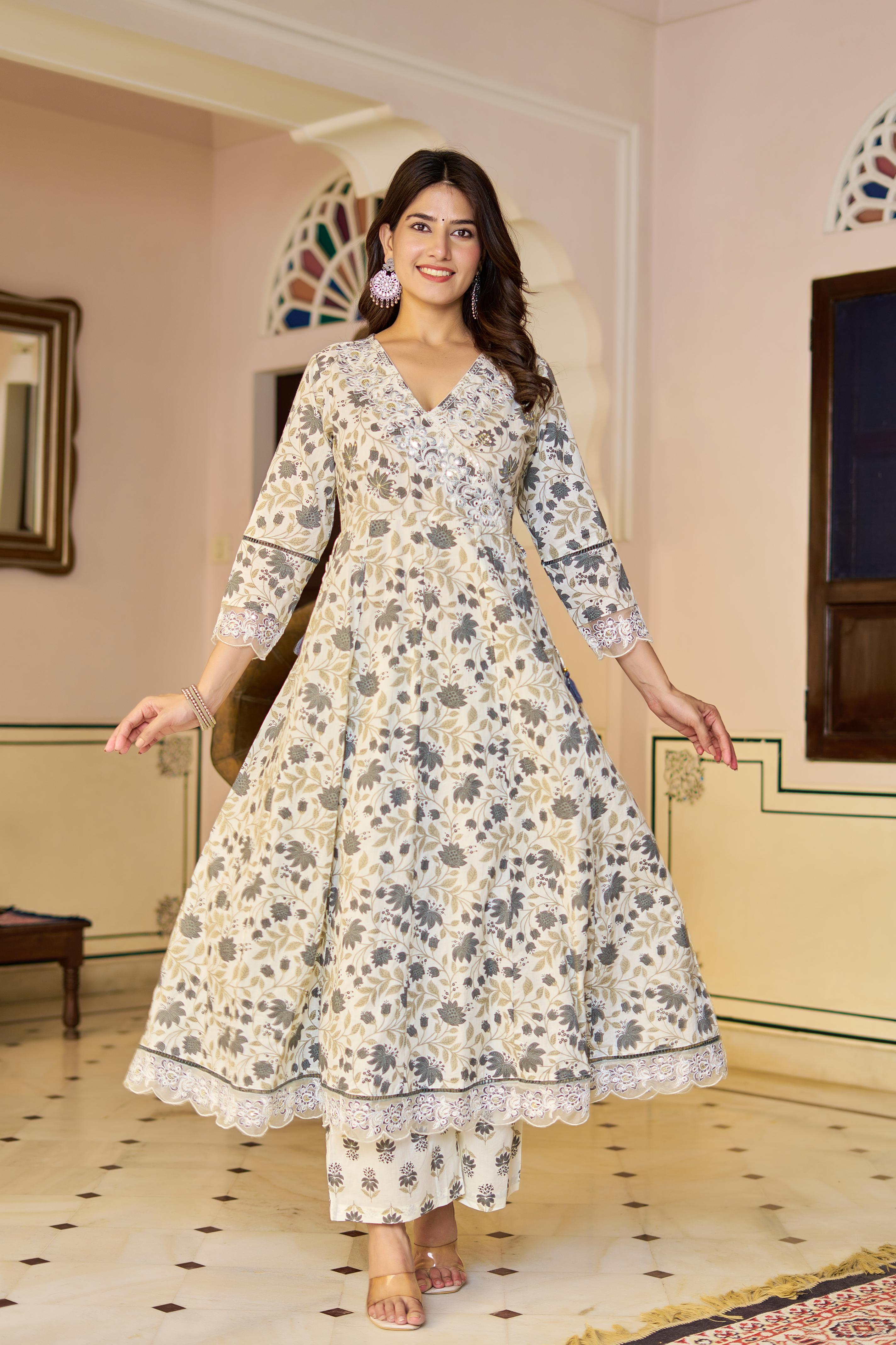 Amaira Women's Cotton Anarkali Kurta Set with Dupatta | Heavy Embroidered | Cream Floral Print