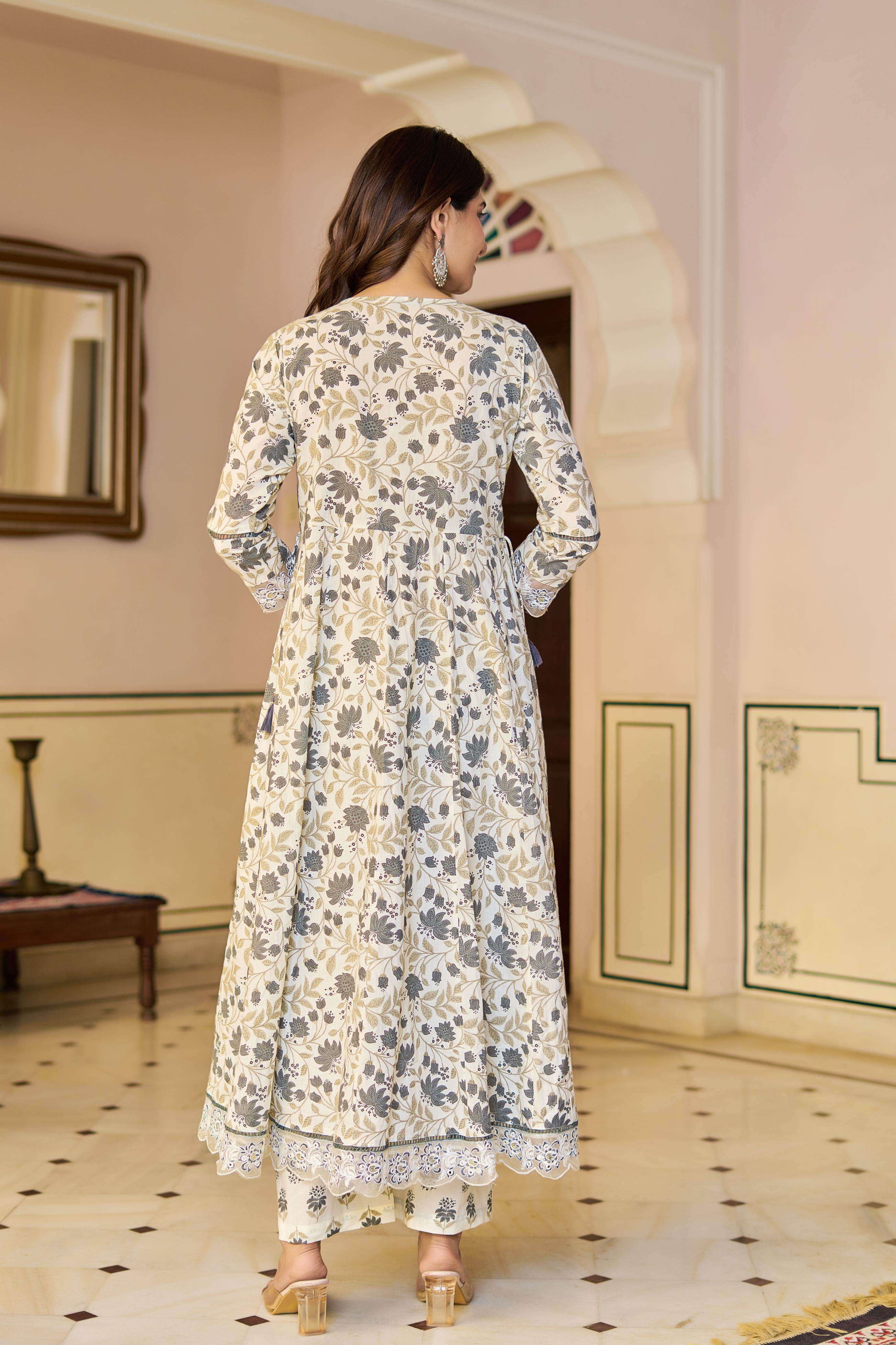Amaira Women's Cotton Anarkali Kurta Set with Dupatta | Heavy Embroidered | Cream Floral Print