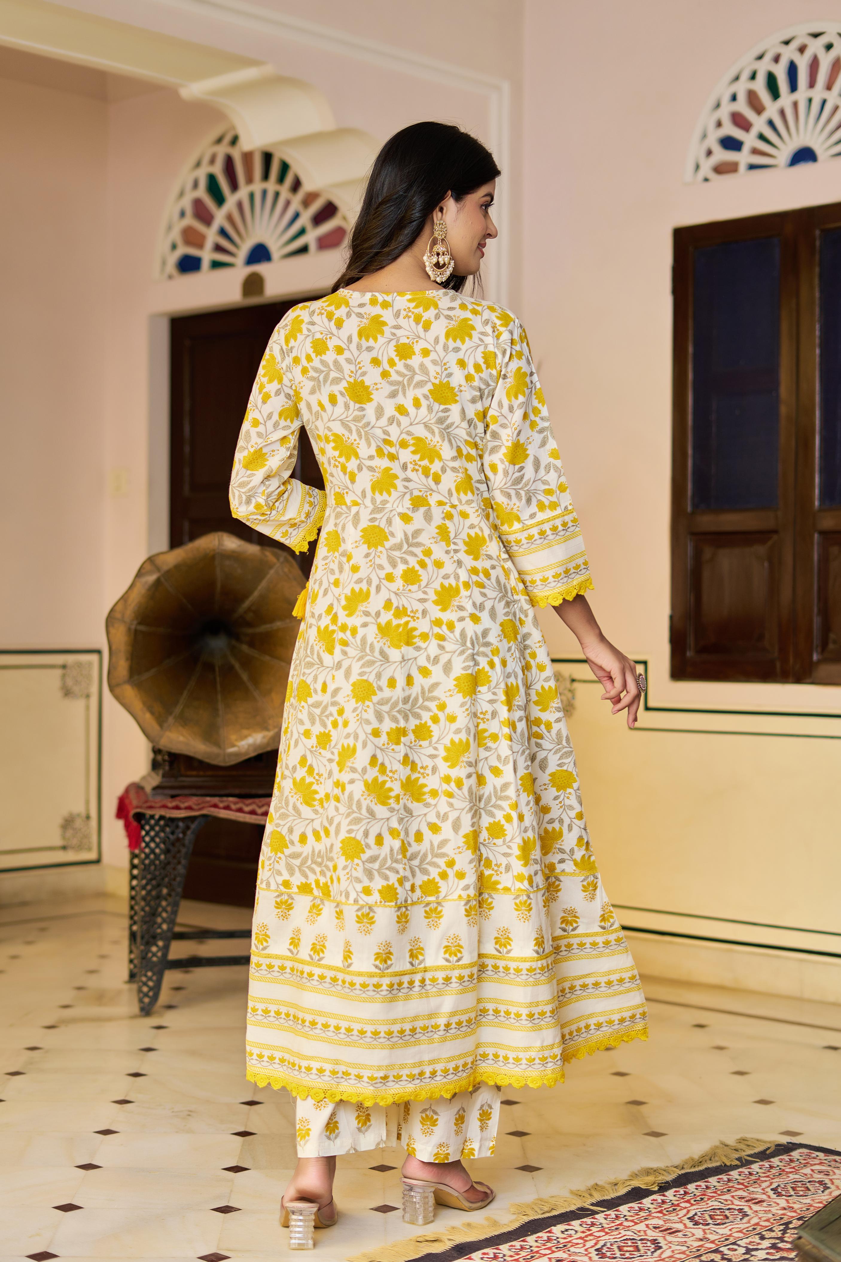 Ziyaana Yellow:- Women's Cotton Anarkali Kurta Set with Dupatta | Heavy Embroidered Neck & Sleeves