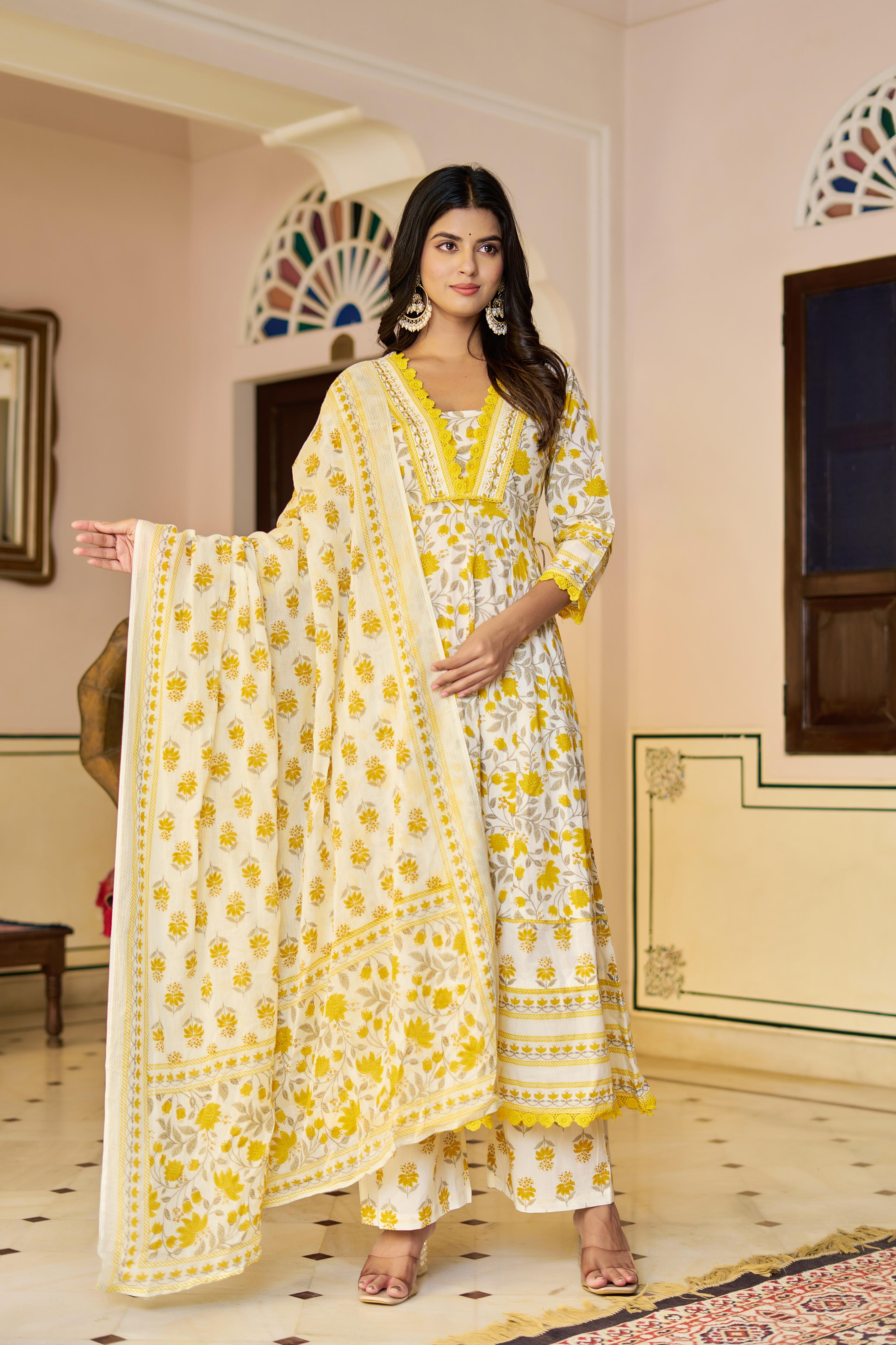 Ziyaana Yellow:- Women's Cotton Anarkali Kurta Set with Dupatta | Heavy Embroidered Neck & Sleeves