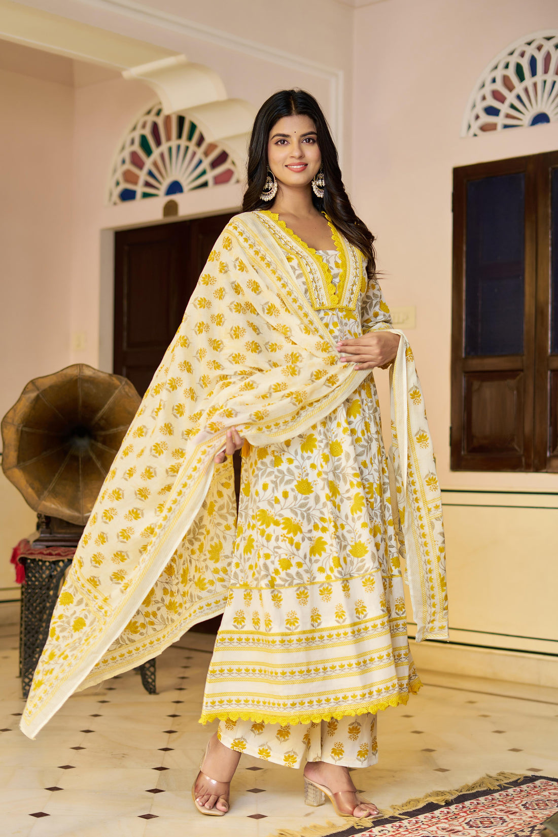 Ziyaana Yellow:- Women's Cotton Anarkali Kurta Set with Dupatta | Heavy Embroidered Neck & Sleeves
