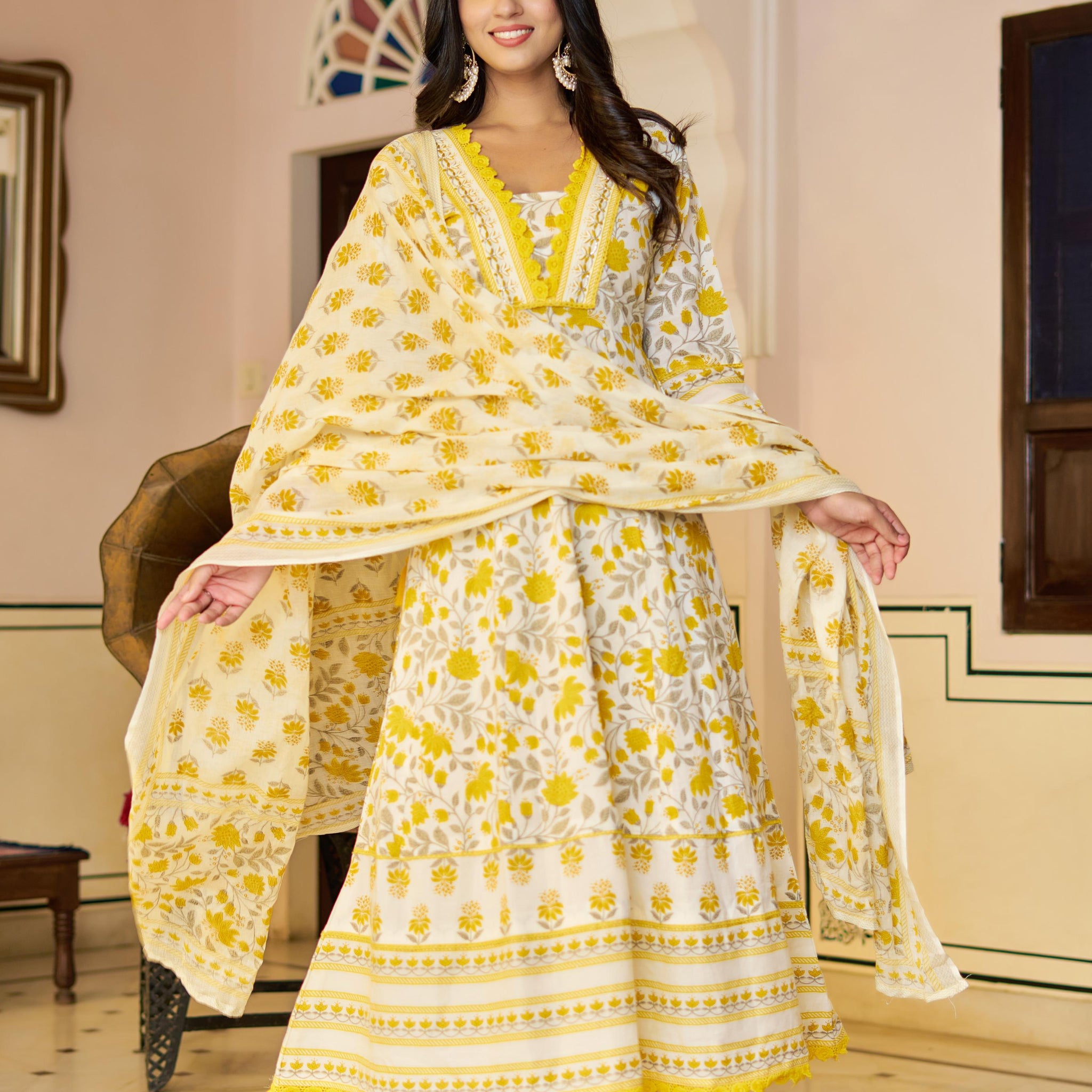 Ziyaana Yellow:- Women's Cotton Anarkali Kurta Set with Dupatta | Heavy Embroidered Neck & Sleeves