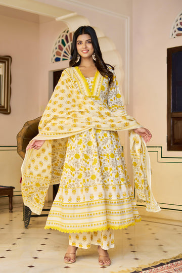 Ziyaana Yellow:- Women's Cotton Anarkali Kurta Set with Dupatta | Heavy Embroidered Neck & Sleeves