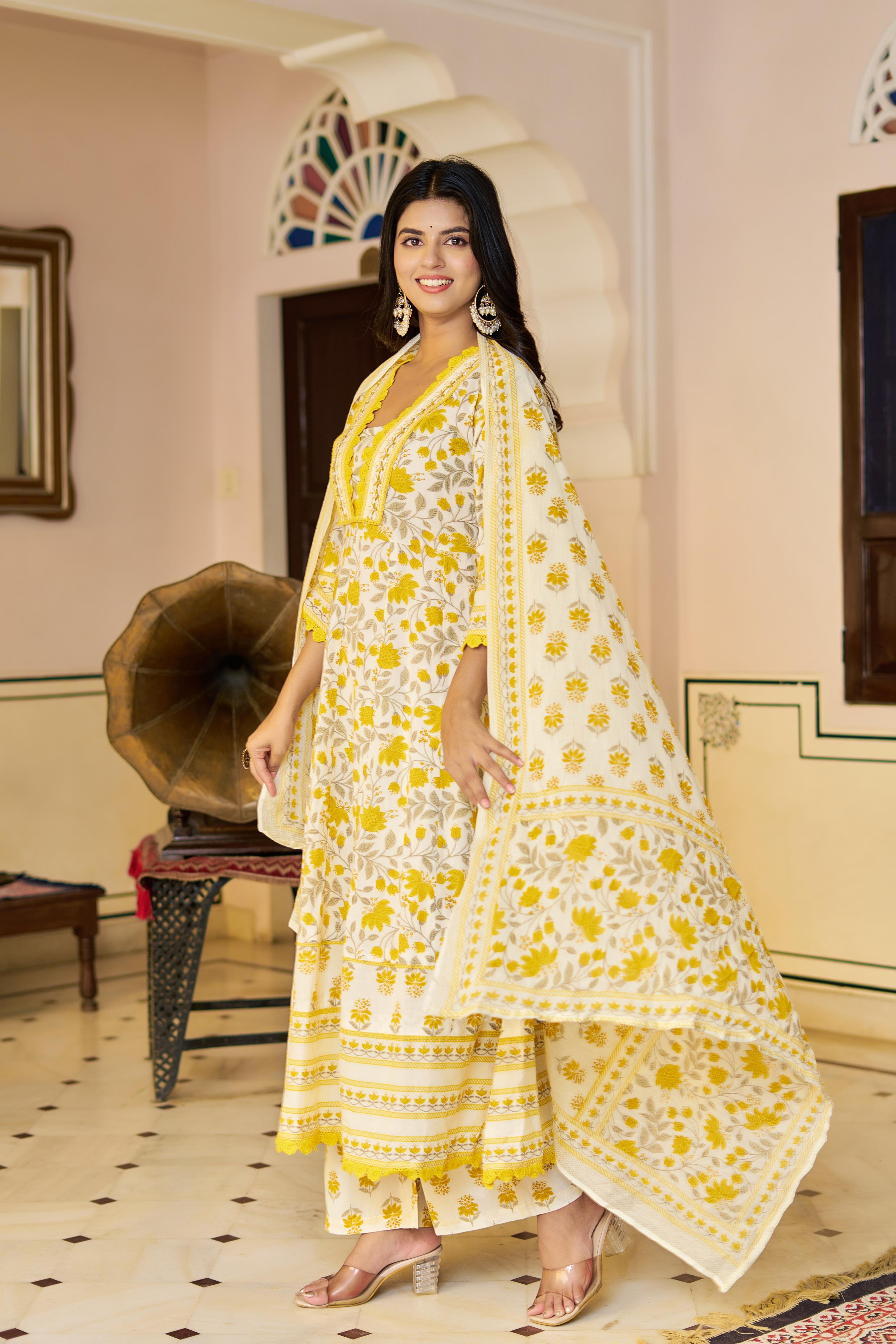 Ziyaana Yellow:- Women's Cotton Anarkali Kurta Set with Dupatta | Heavy Embroidered Neck & Sleeves