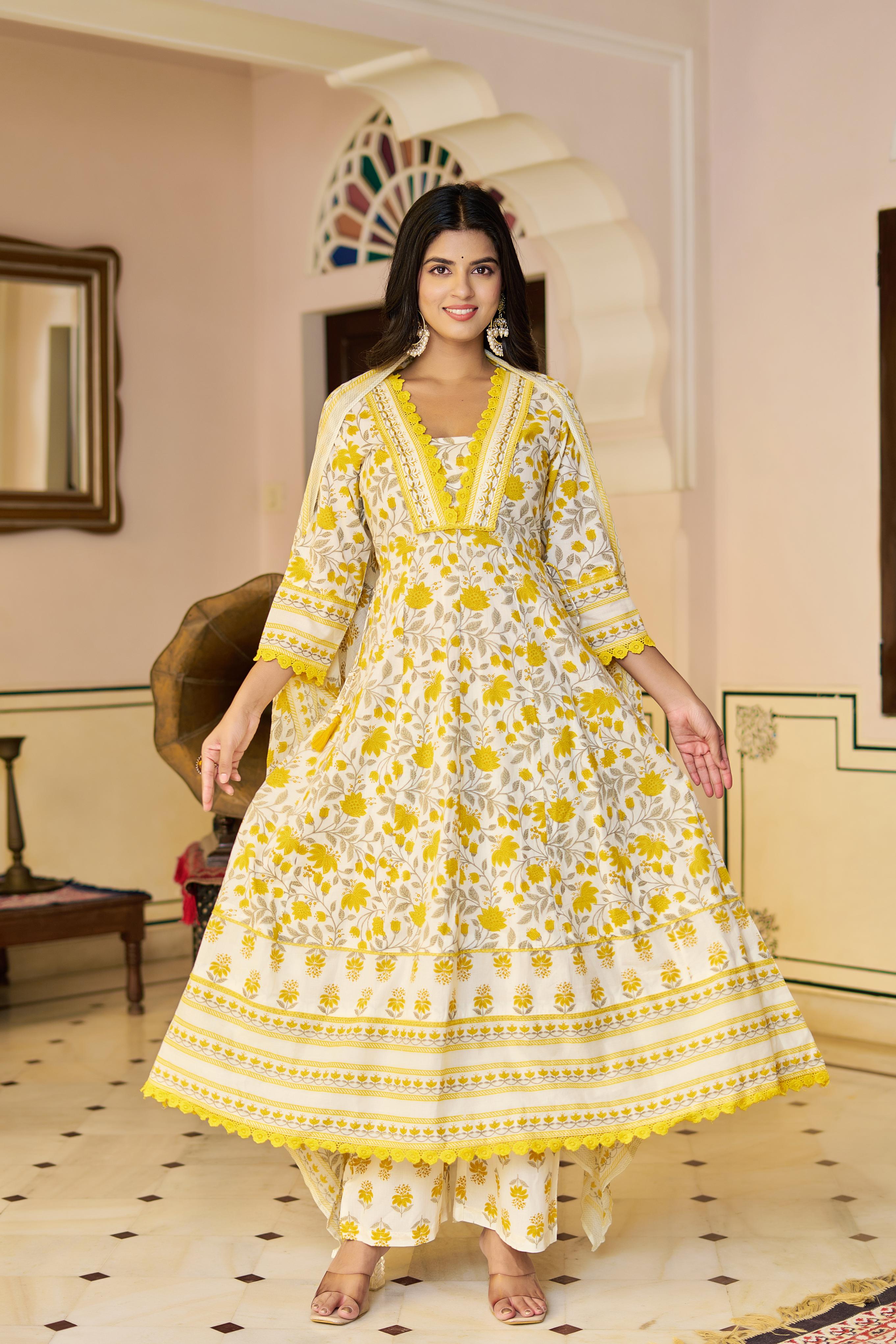 Ziyaana Yellow:- Women's Cotton Anarkali Kurta Set with Dupatta | Heavy Embroidered Neck & Sleeves