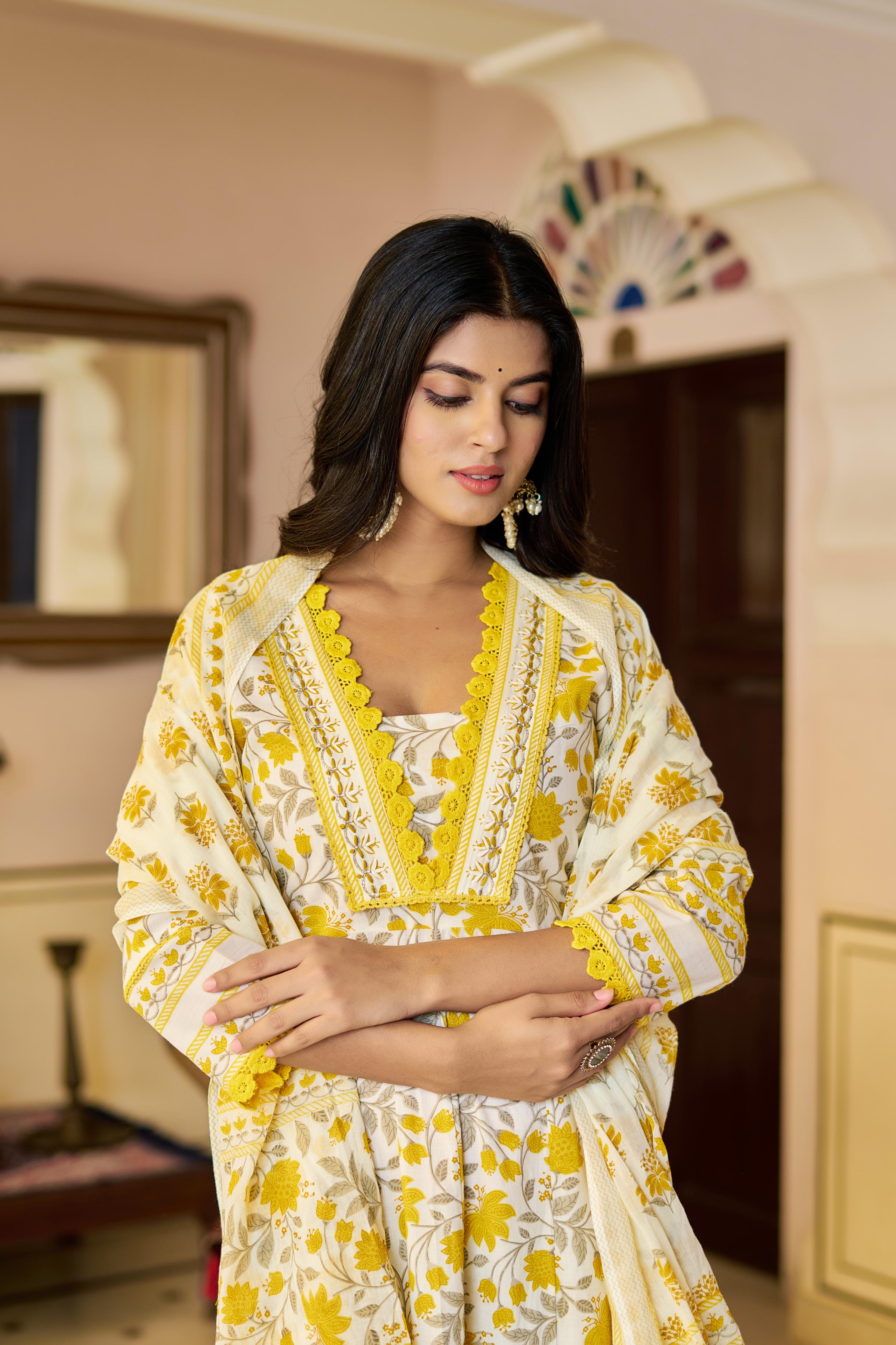 Ziyaana Yellow:- Women's Cotton Anarkali Kurta Set with Dupatta | Heavy Embroidered Neck & Sleeves