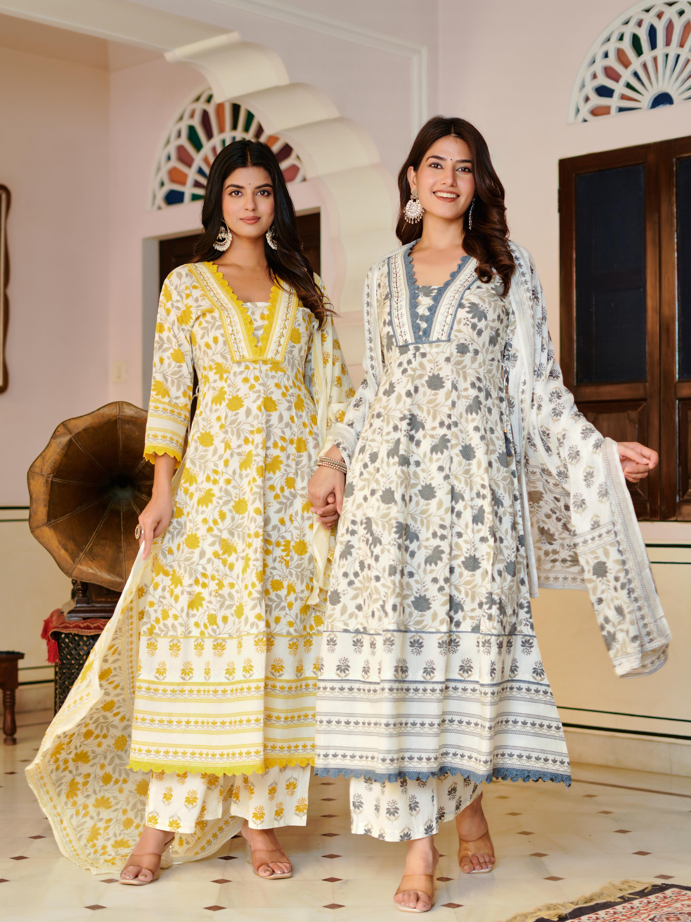 Ziyaana Yellow:- Women's Cotton Anarkali Kurta Set with Dupatta | Heavy Embroidered Neck & Sleeves